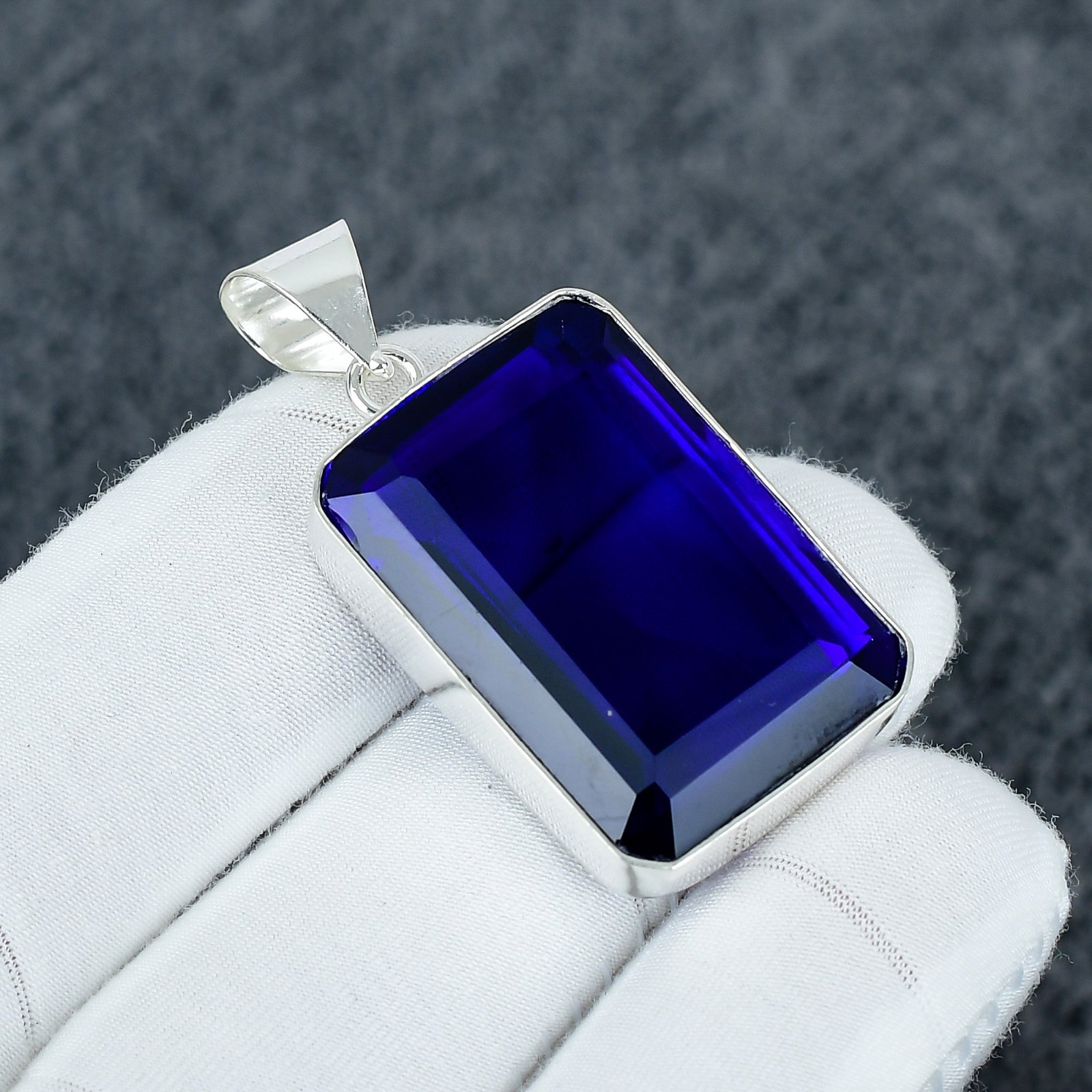 Lab Created Blue Sapphire Gemstone 925 Sterling Silver Handmade Jewelry Pendant