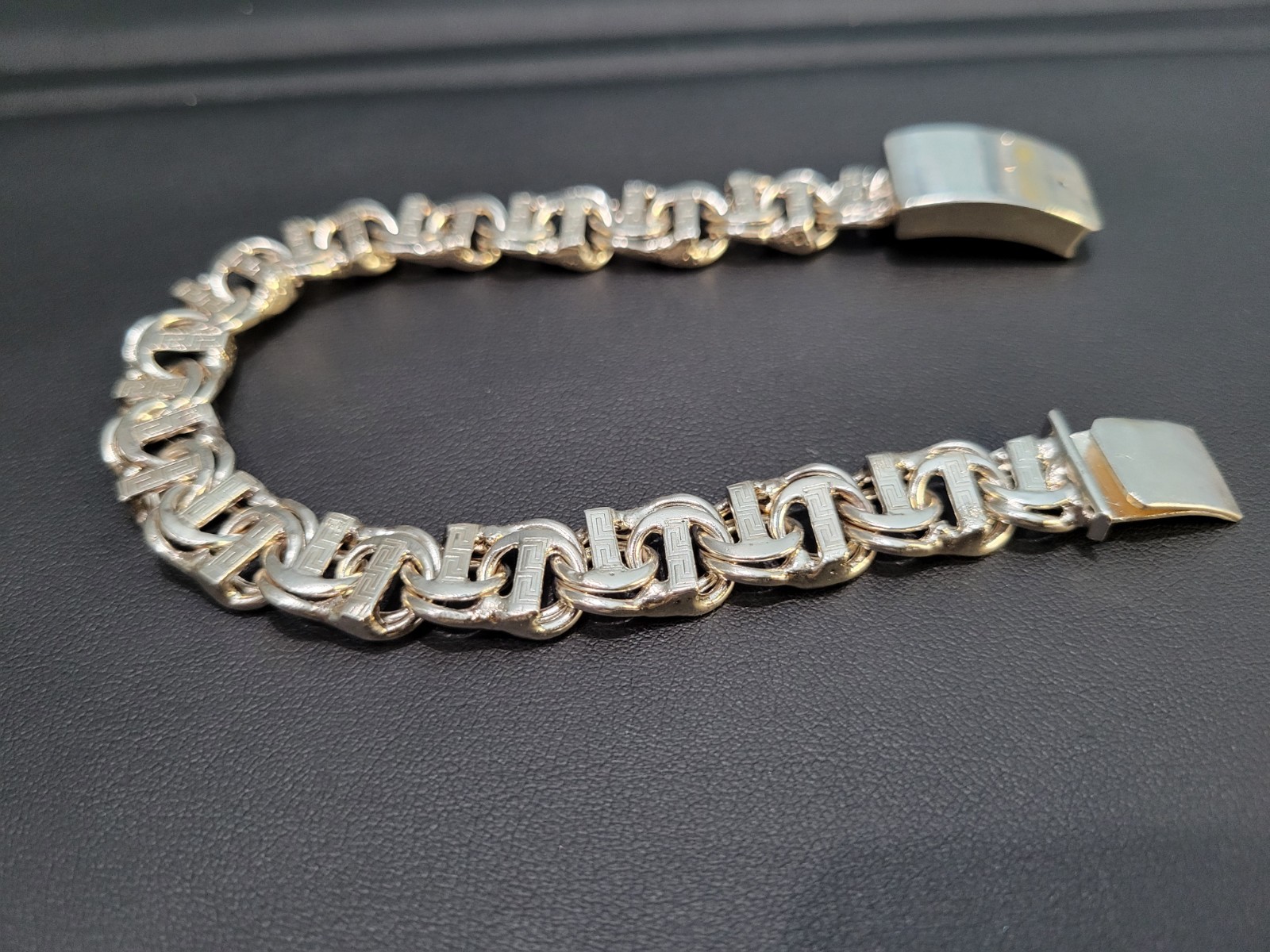 925 sterling silver Solid Chino Bar Greek Link Bracelet 8.7″ 12mm Plata