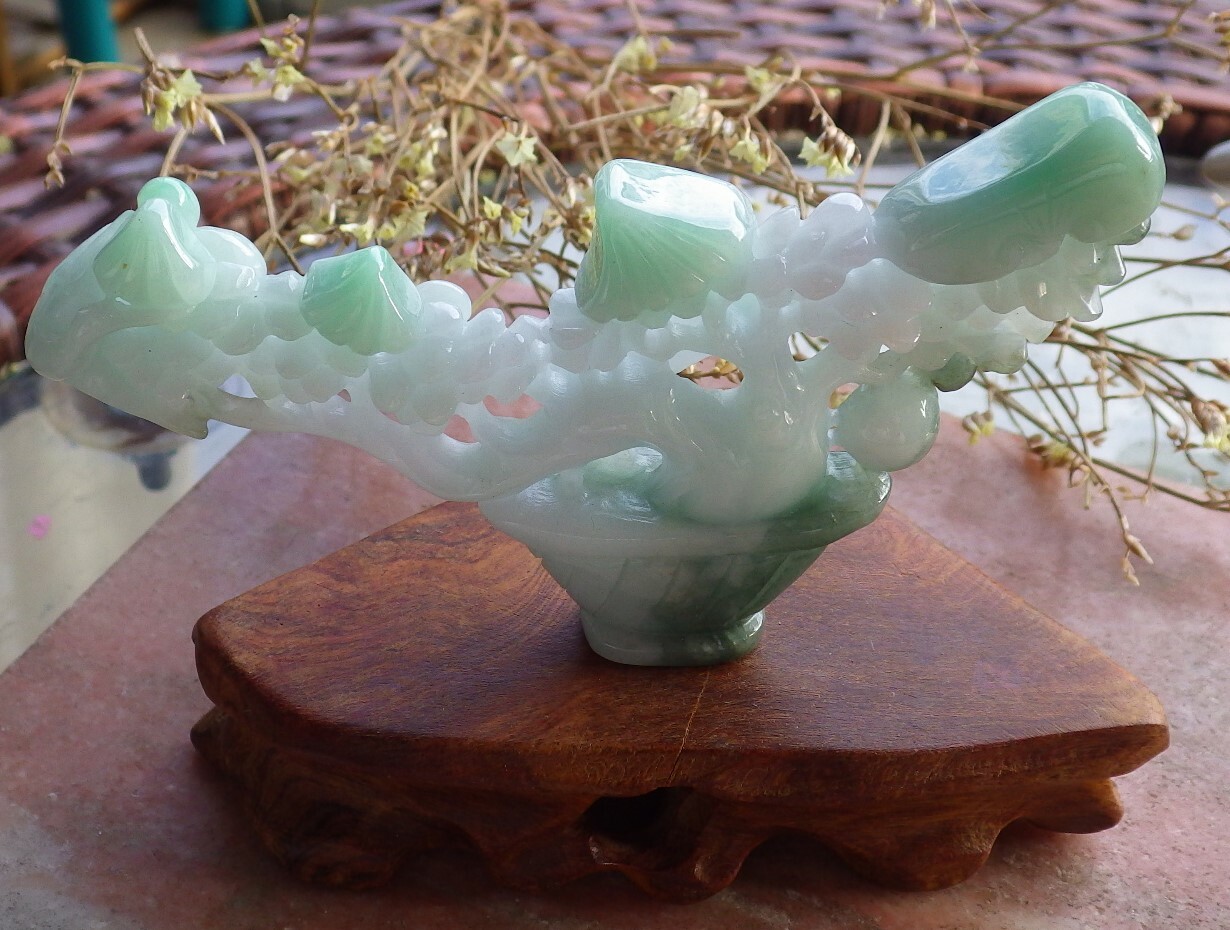 Video Certified Green Natural A Jade jadeite Display Tree Flower Vase 503768