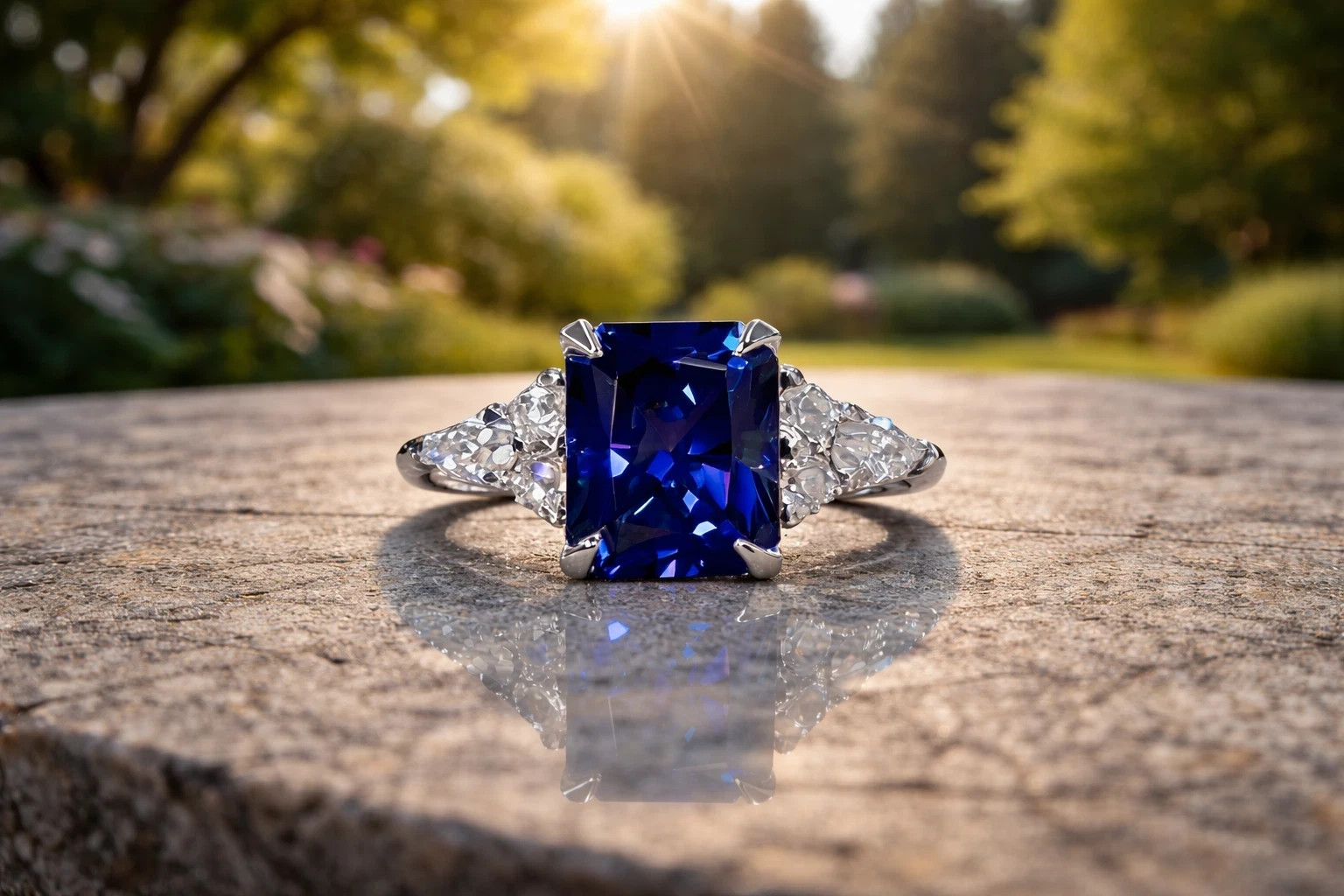 4.00 Ct Cushion Cut Natural Sapphire & Diamond Wedding Ring 14K White Gold