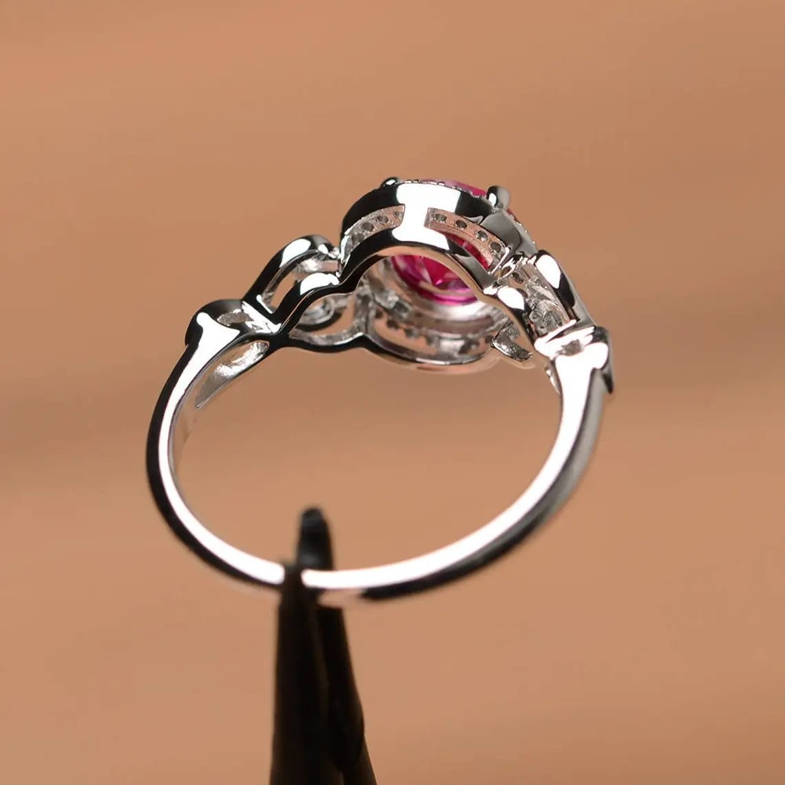 Pink Ruby Lab Created 925 Sterling Silver Women Halo Ring Duty Free