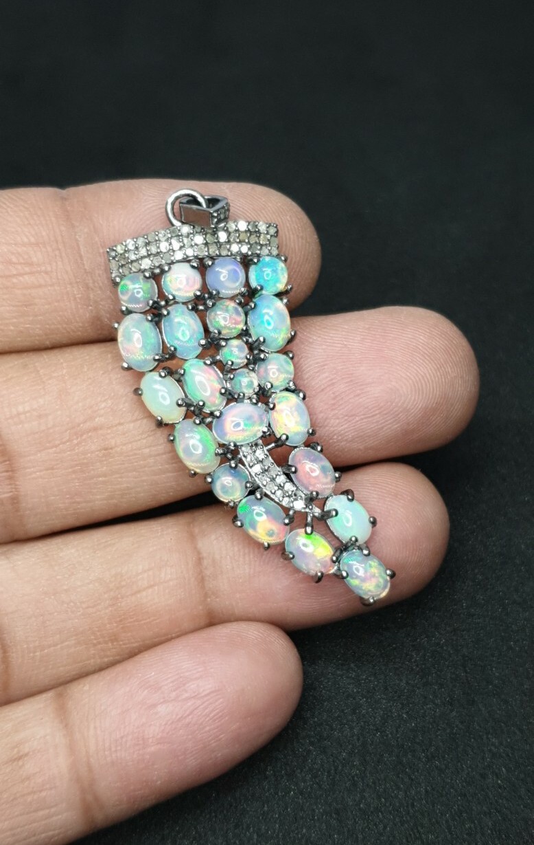 Ethiopian Opal And Diamond Studded 925 Silver Handmade Tooth Pendant Jewelry.