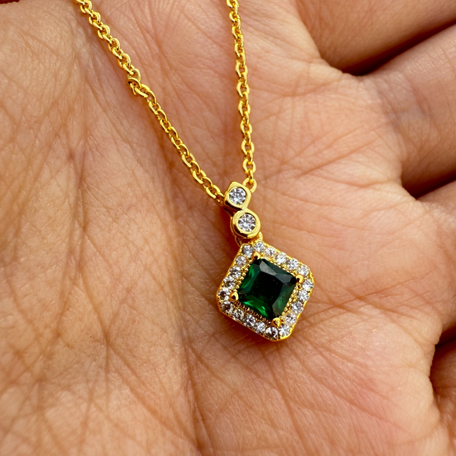 925 Sterling Silver Necklace 4mm Natural Emerald Gemstone Zircon Green Cube NEW