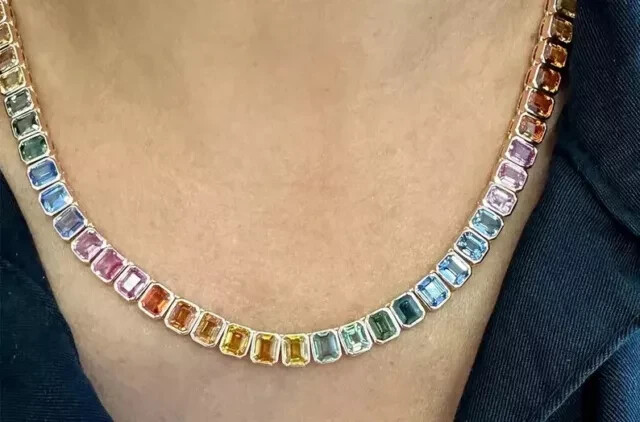 22Ct Emerald Rainbow Sapphire Bezel Set Tennis Necklace 14K Yell Gold Plated 16*