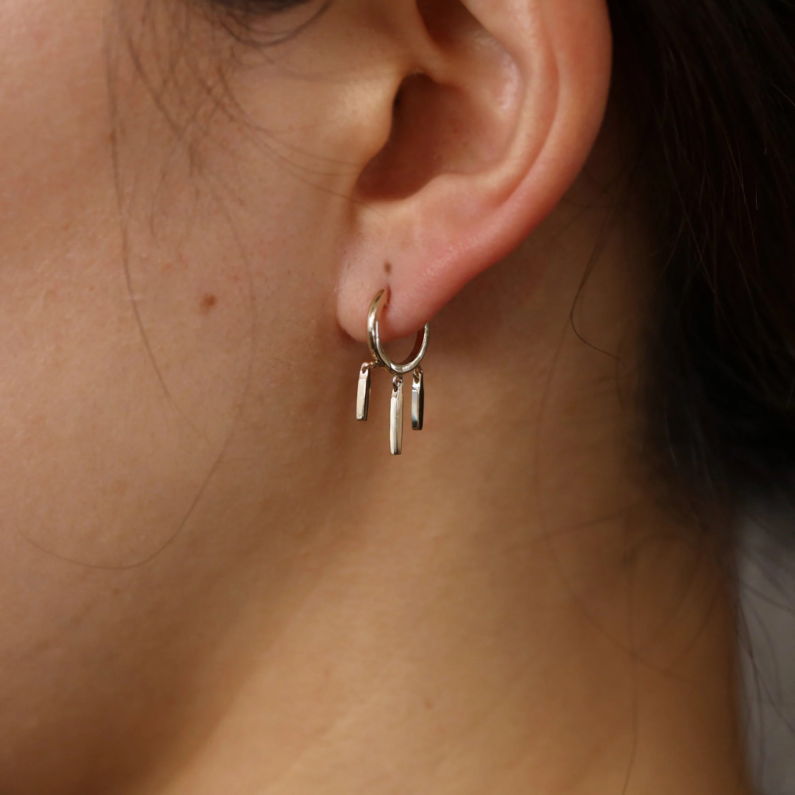 14K Solid Gold Geometric 3 Bar Drop Dangle Huggie Hoop Earrings, Single or Pair