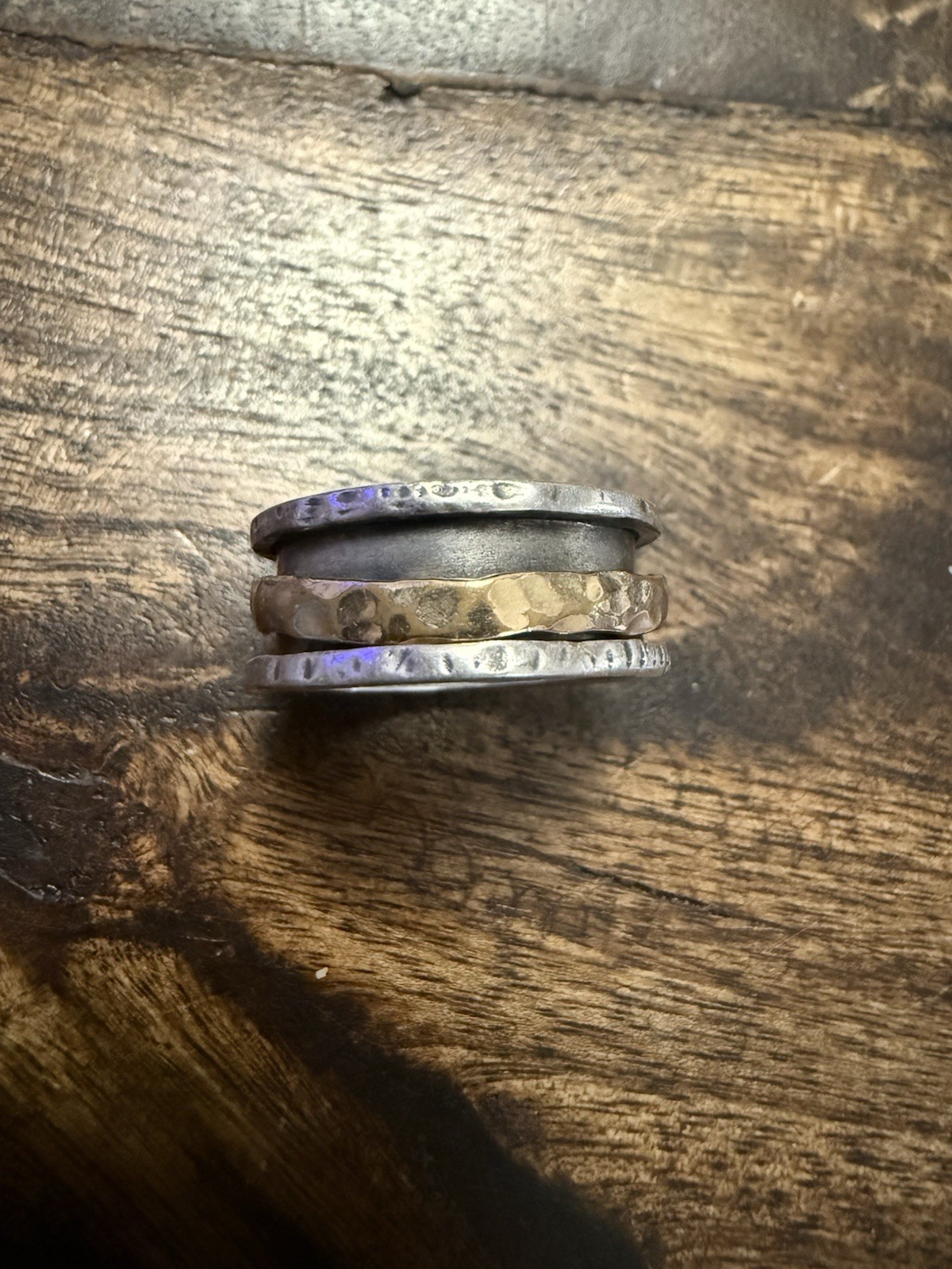 Hammered Sterling Silver and Brass Spinner Ring Marked KJ, 3/8” Wide, Size 6.5
