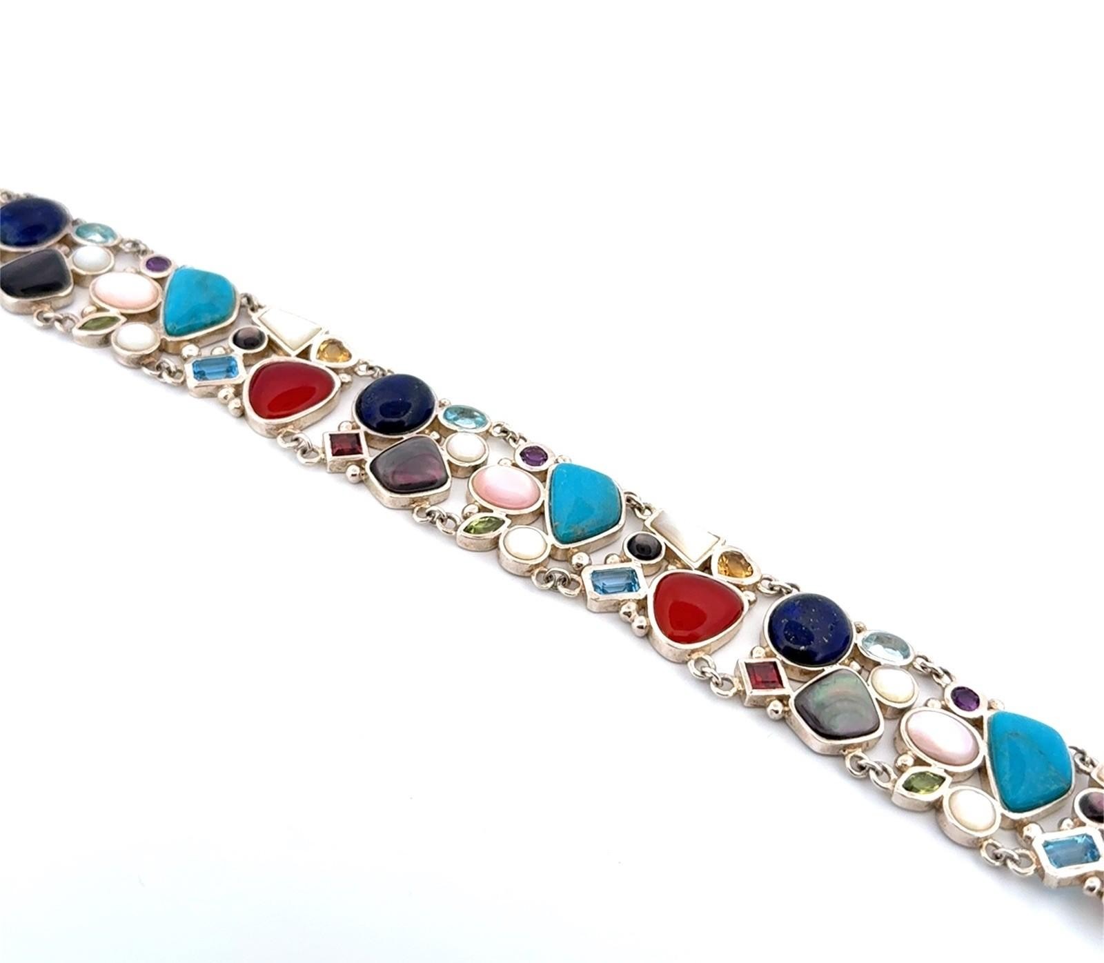 LT Thailand 925 Sterling Silver Multi-Stone Statement Hidden Clasp Bracelet 53g
