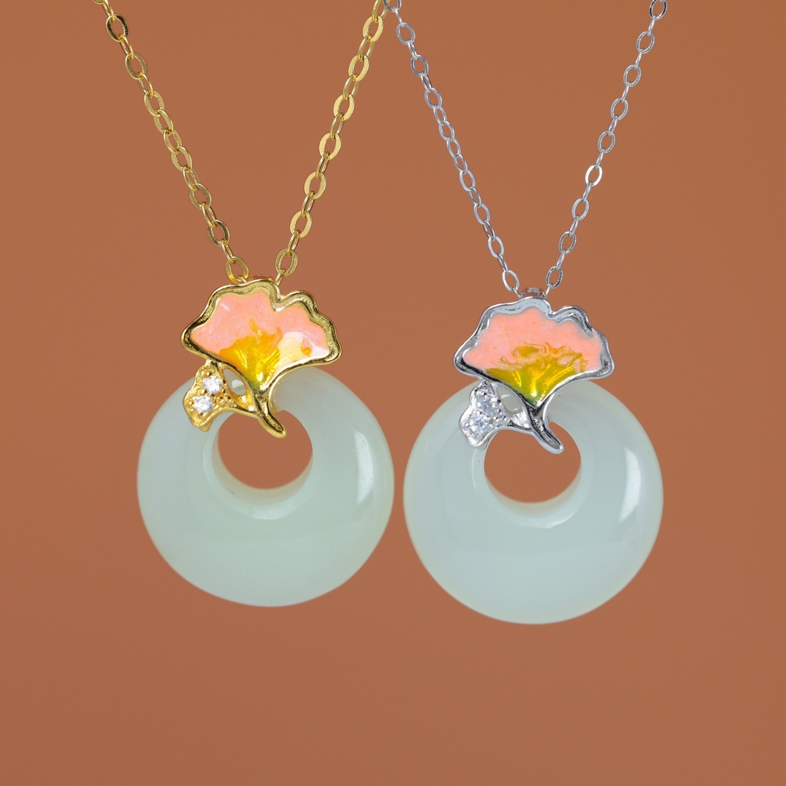S925 Silver Jade Donut Pendant With Pink Enamel Ginkgo And Gift Box
