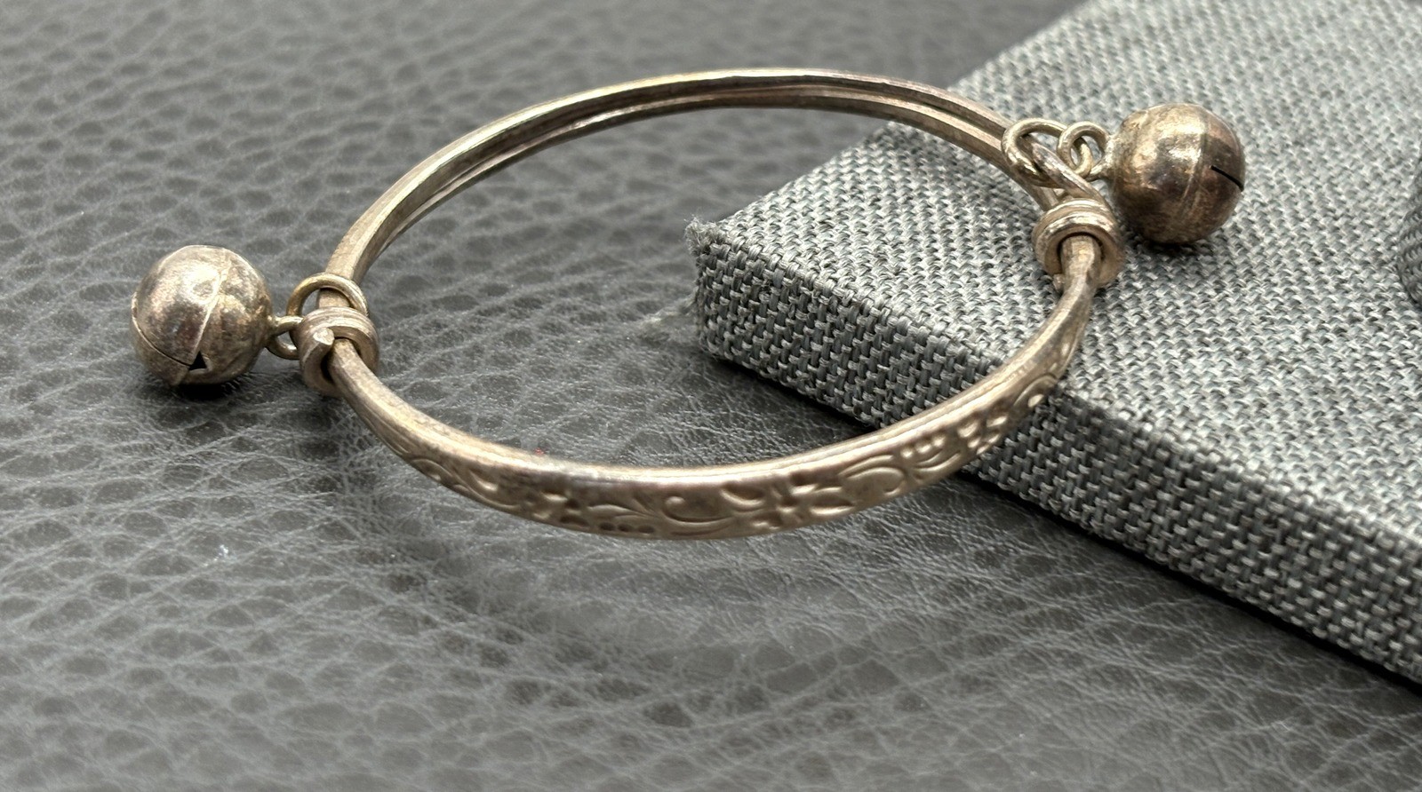 Sterling Baby Small 5.75″ Bali Bracelet Bell Charms Engraved Floral Cuff Bangle