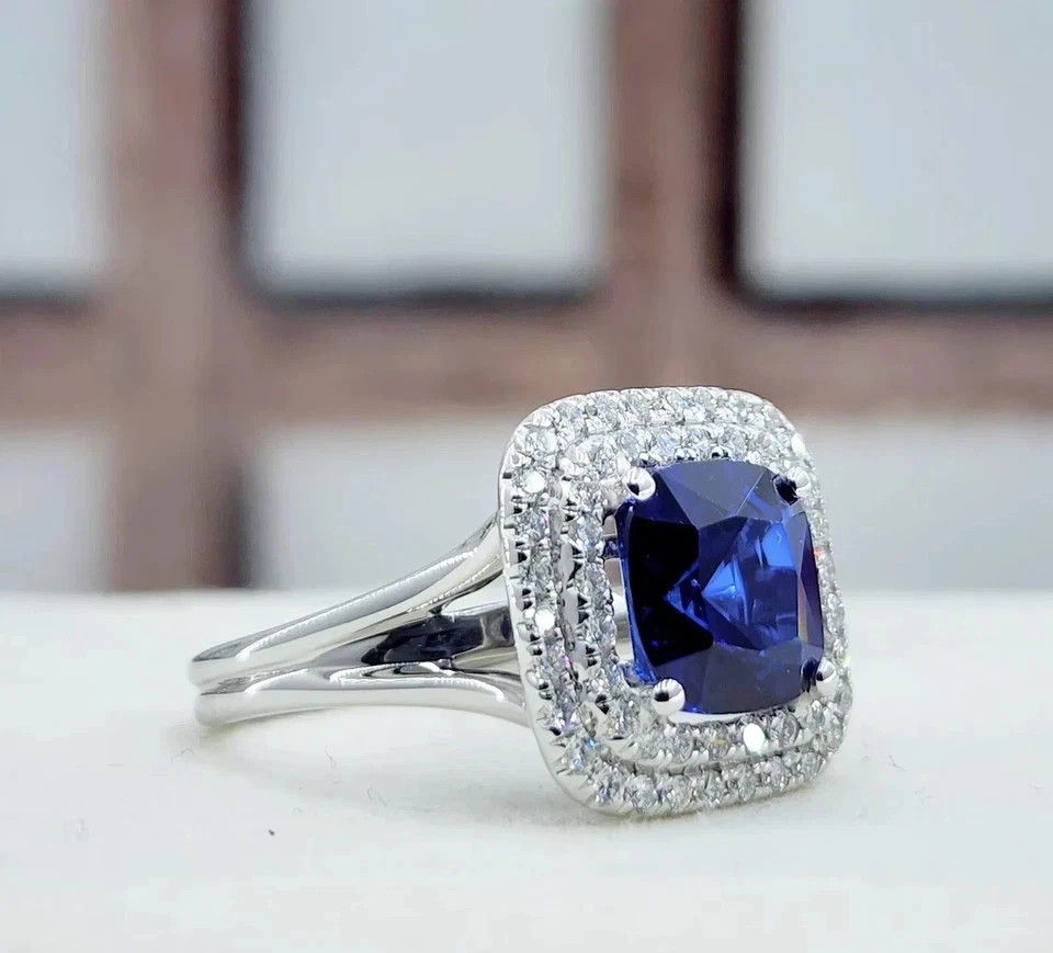3.00 Ct Cushion Cut Natural Sapphire & Diamond Wedding Ring 14K White Gold 6 7 8