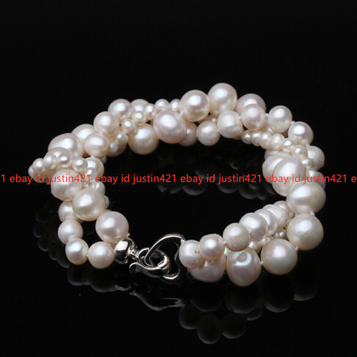 3 Rows 5-10mm Real Natural White Freshwater Baroque Pearl Beads Bracelet 7-9”