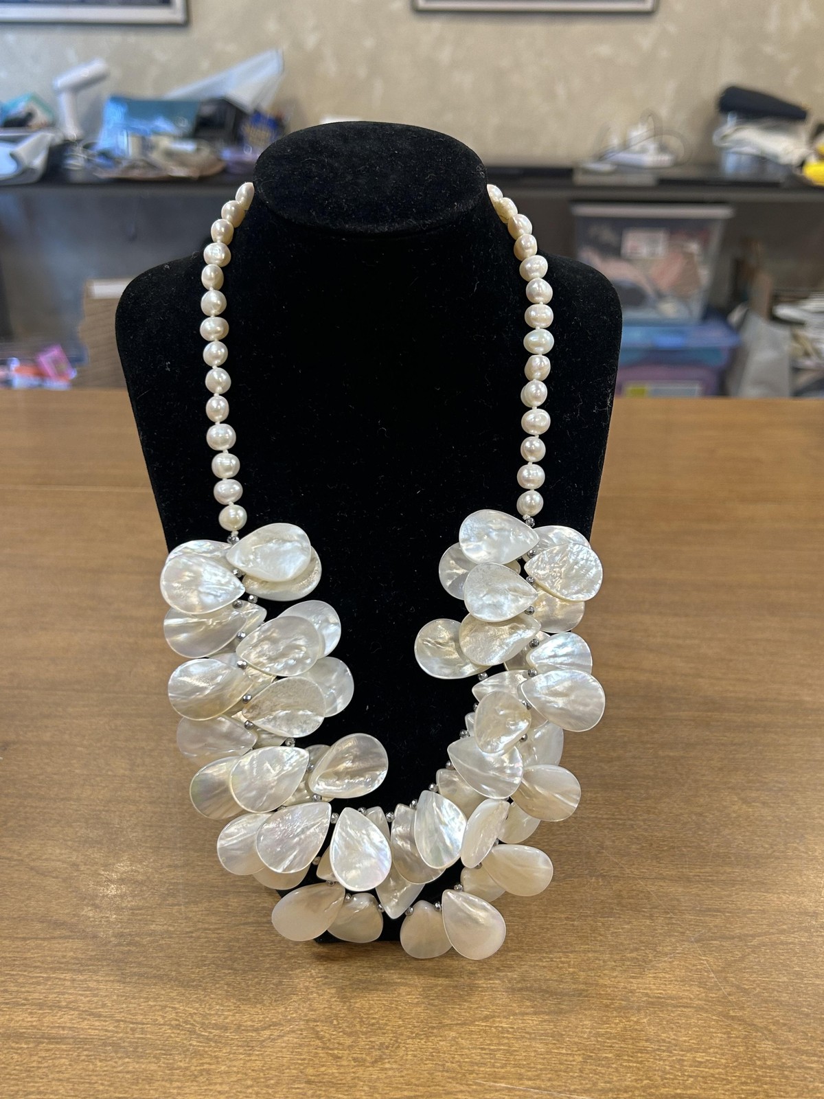 LUC Necklace White Mother Of Pearl Bib Womens Statement Sterling Silver Jewelry