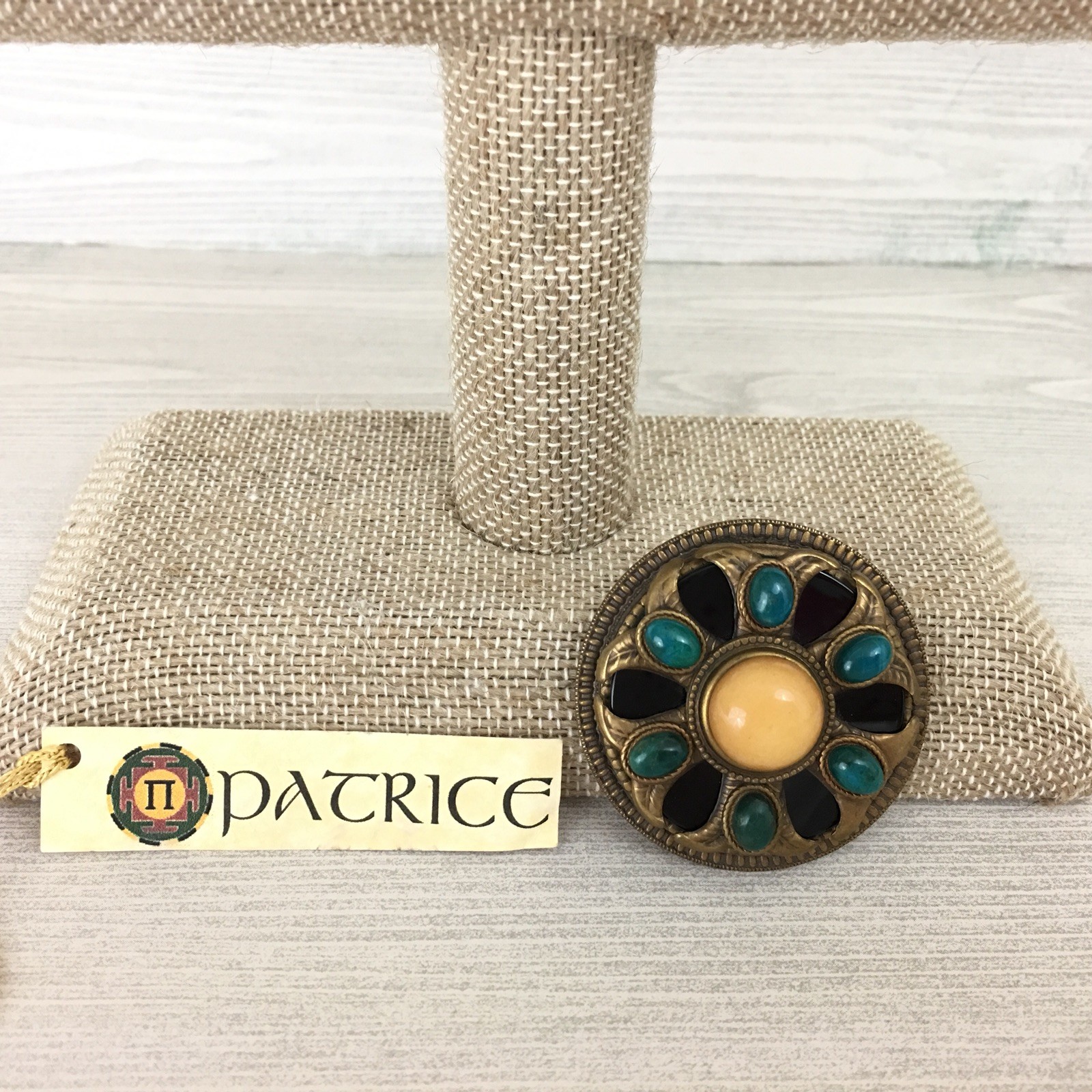 Patrice Jewelry Brooch Pin Antique Brass Black Onyx Dolmite Coral Chrysocola
