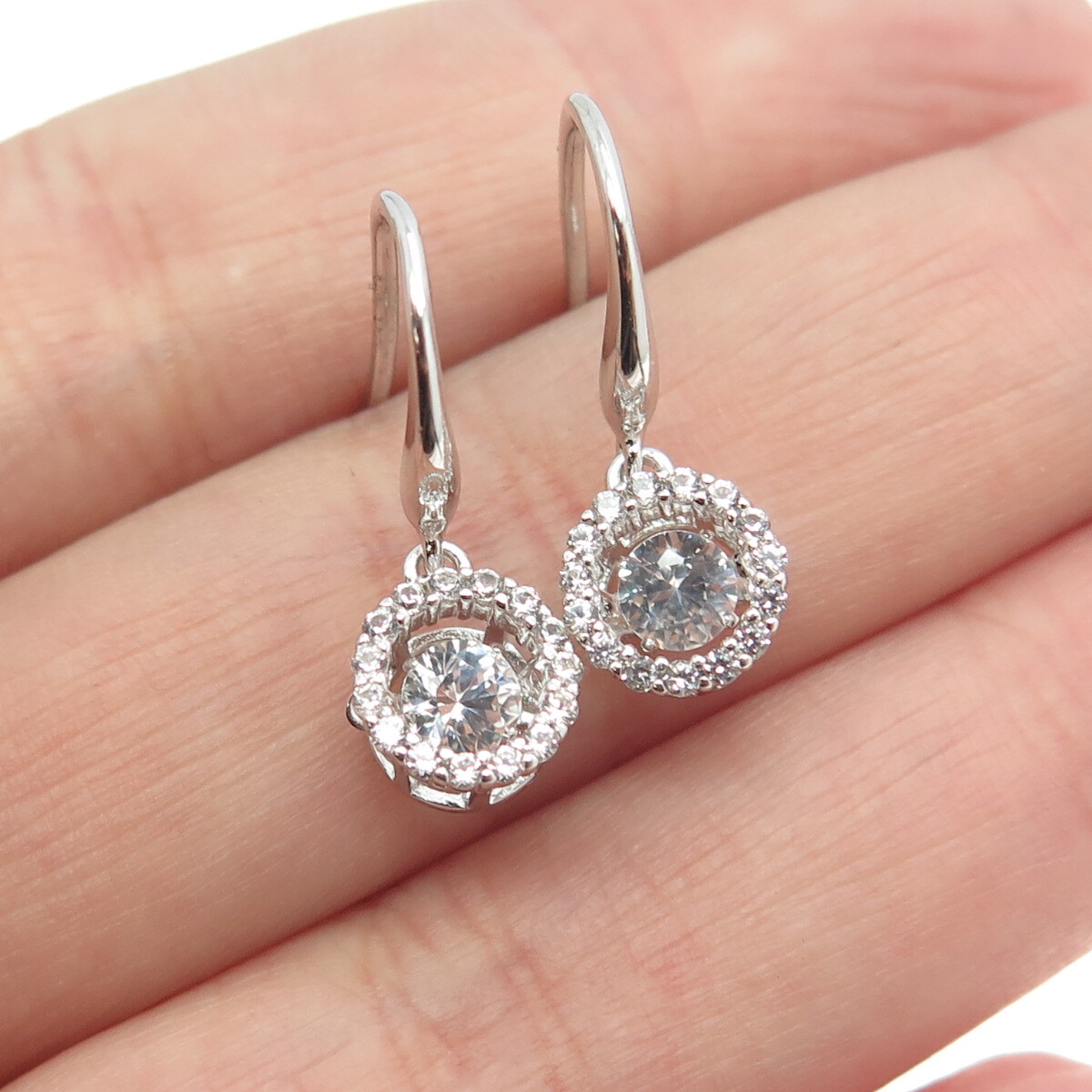 925 Sterling Silver Round-Cut Shaped C Z Dangling Hook Earrings