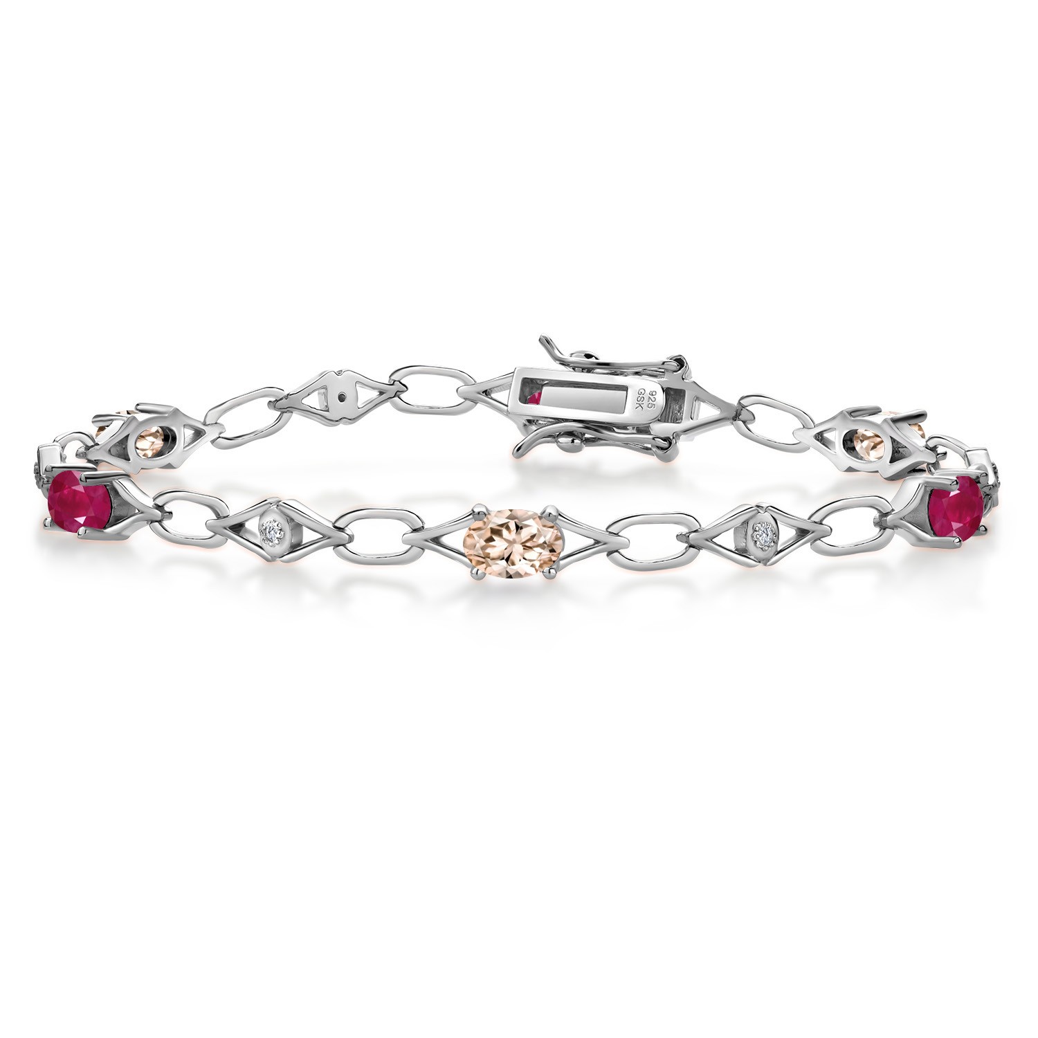 3.34 Ct Peach Morganite Red Ruby 925 Sterling Silver Lab Grown Diamond Bracelet