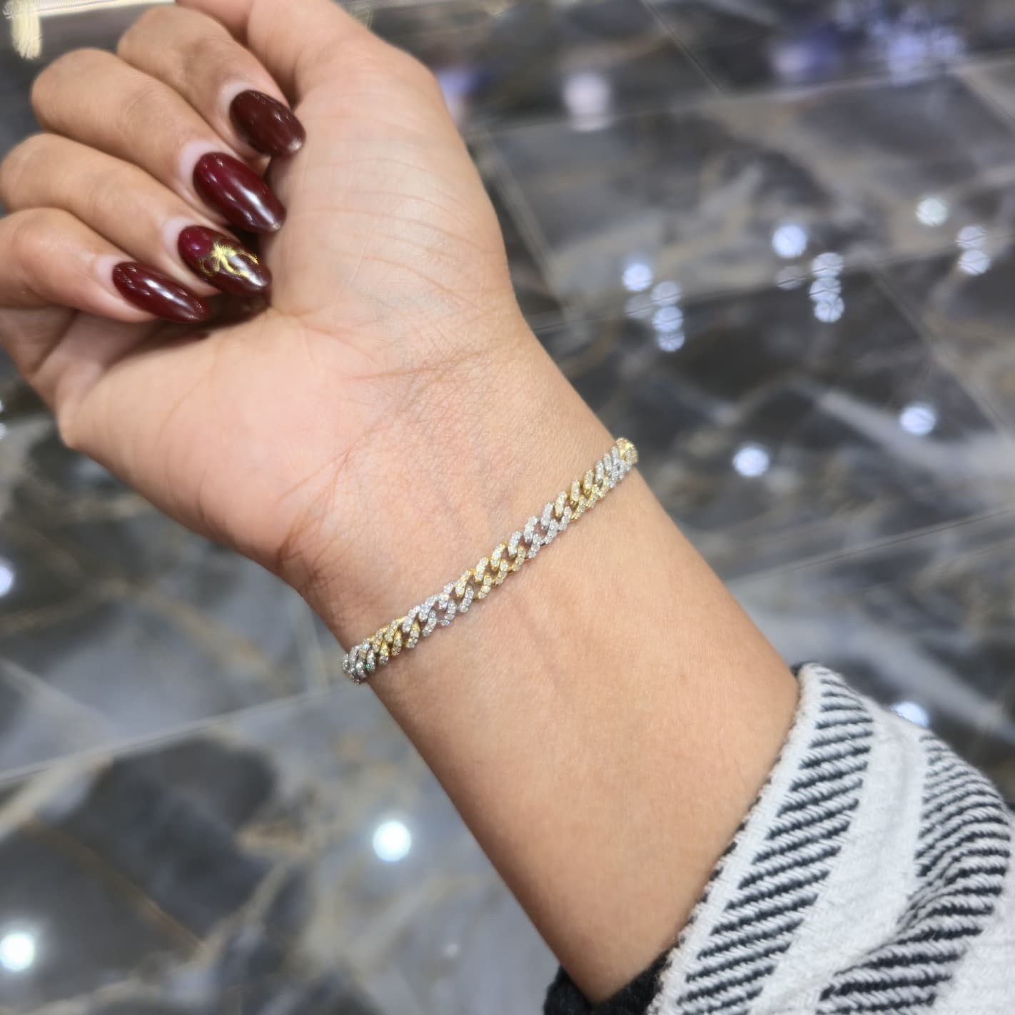 Natural Diamond Cuban Bracelet 10K Two Tone Gold 5mm 1.47ctw Box Clasp 6″