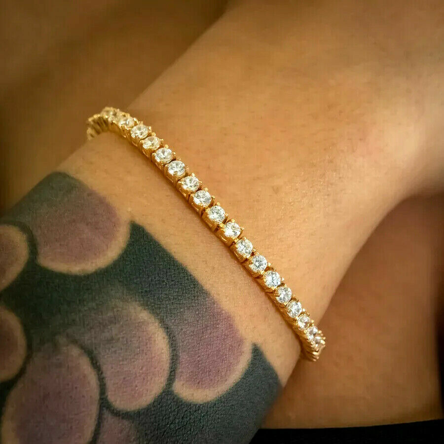 8.00 Ct Round Cut Real Moissanite Engagement Tennis Bracelet Yellow Gold plated