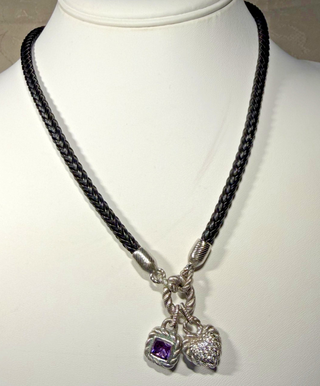 STERLING SILVER + AMETHYST JUDITH RIPKA CHARM NECKLACE -18″-BRAIDED LEATHER CORD