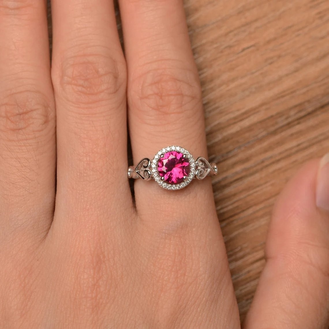 Pink Ruby Lab Created 925 Sterling Silver Women Halo Ring Duty Free