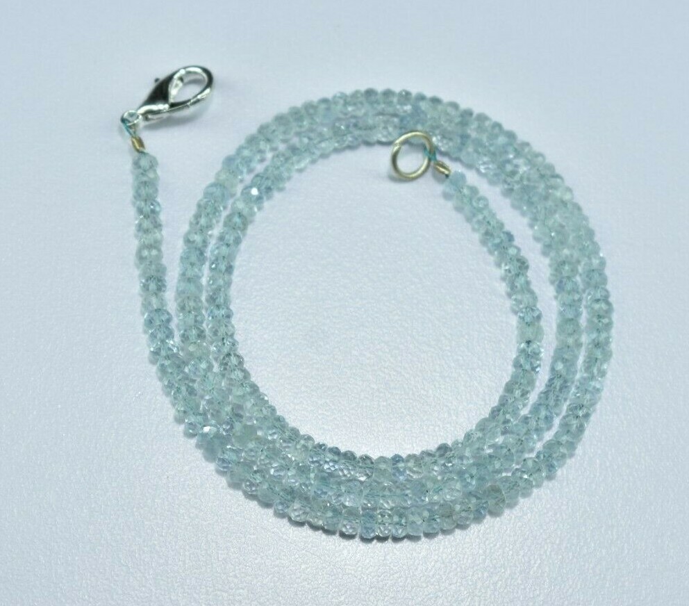 Natural Aquamarine Rondelle Gemstone Faceted Beaded Necklace 925 Sterling Silver