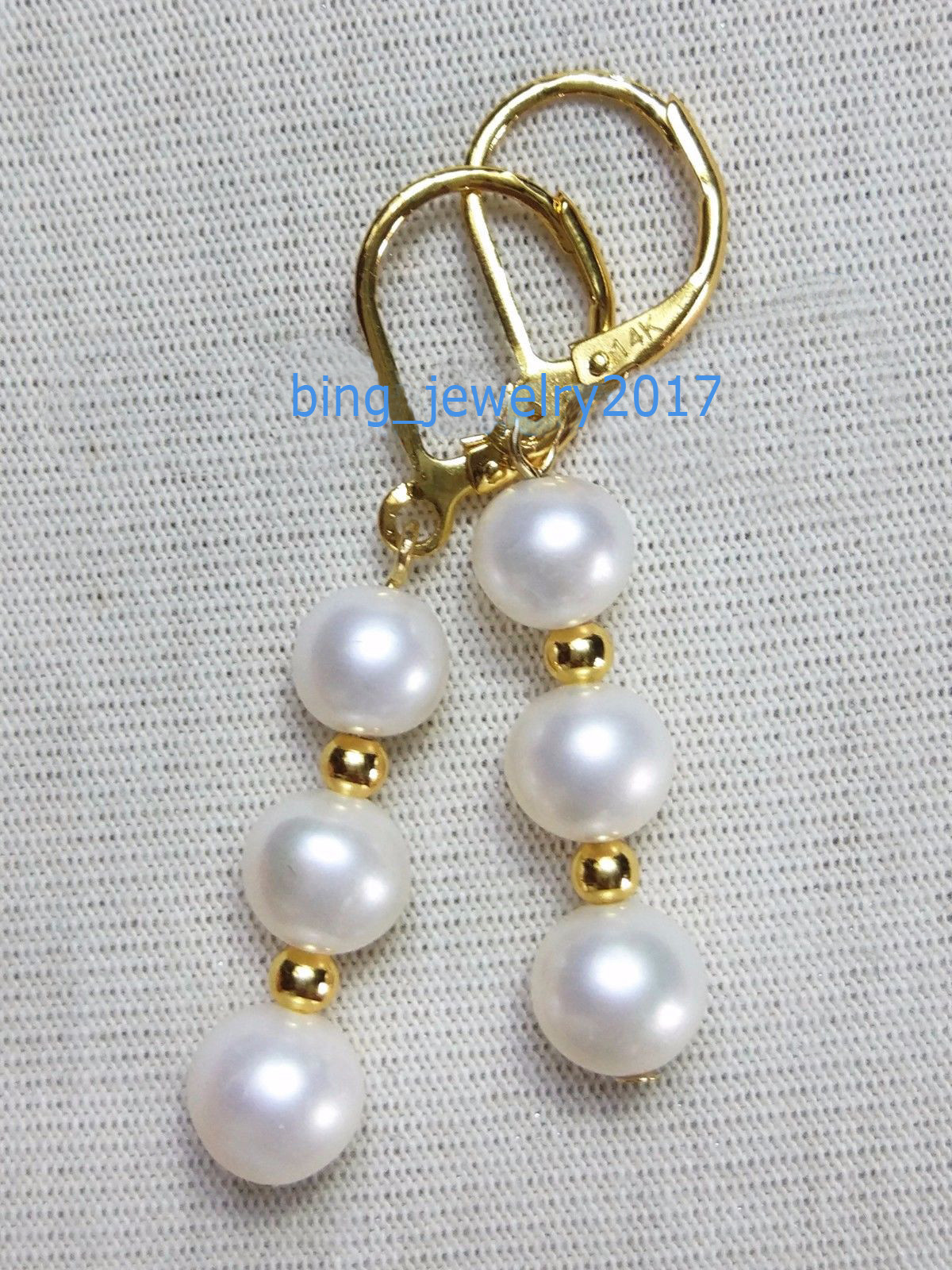AAA 7-8 MM Real natural akoya white pearl earrings 14K yellow gold