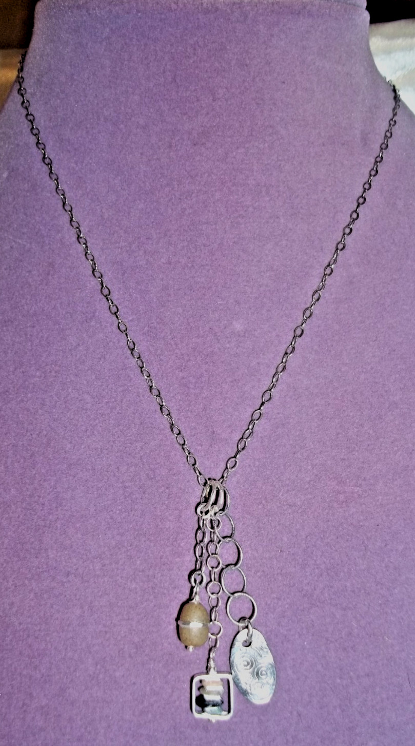 Unusual Artsy Necklace Multi Pendant Mixed Materials 925 Sterling Silver
