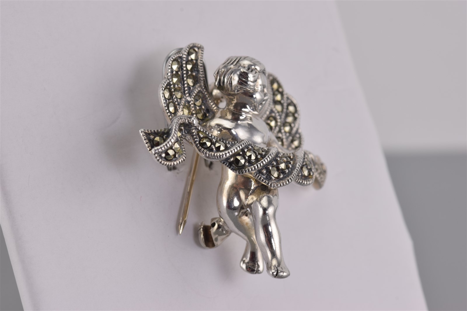 Vintage Judith Jack Sterling Silver 33mm Marcasite Angel Cherub Cupid Brooch Pin