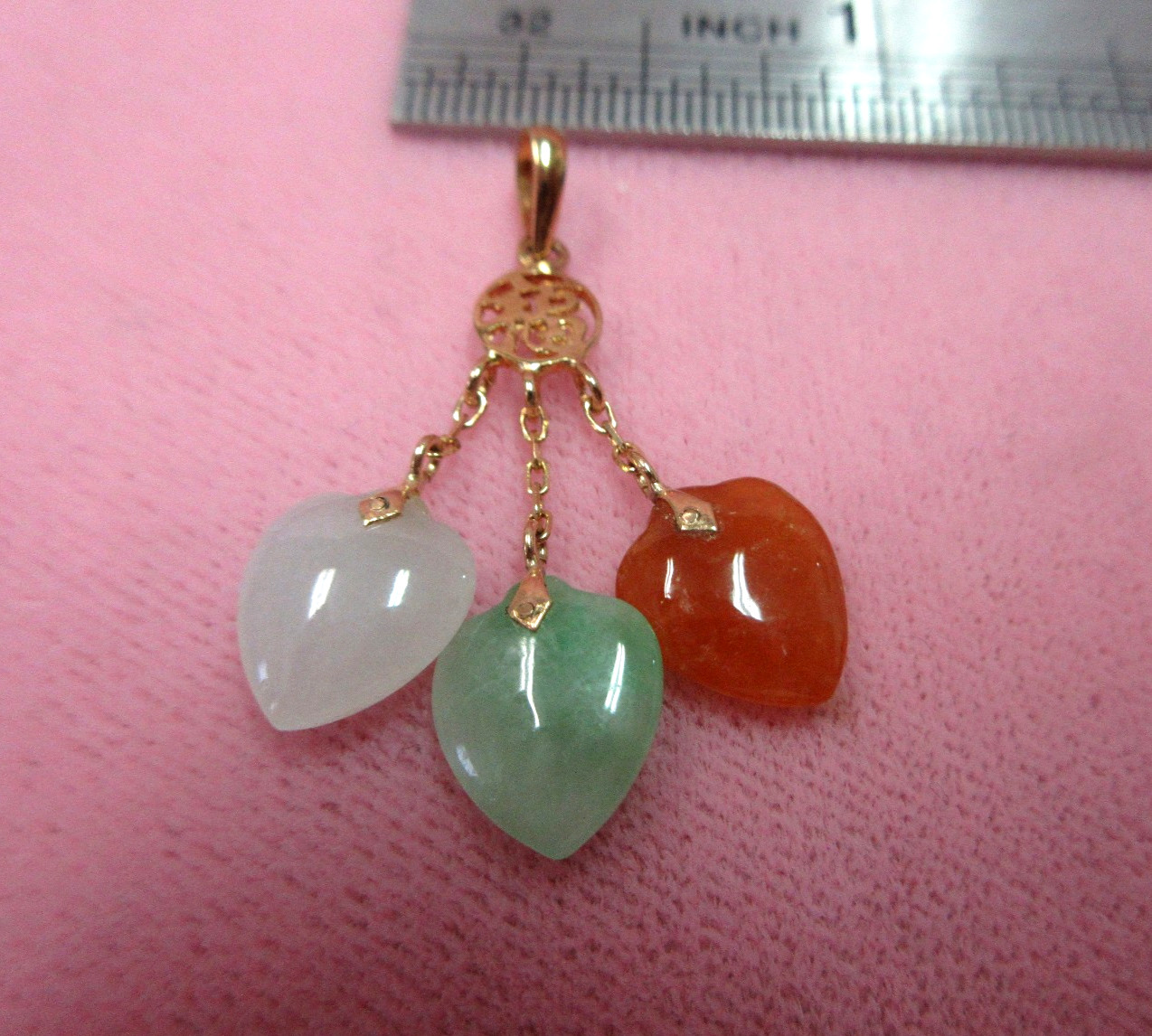 14k Solid Y. Gold Green Brown White Jadeite Jade 3 Heart Pendant Good Fortune
