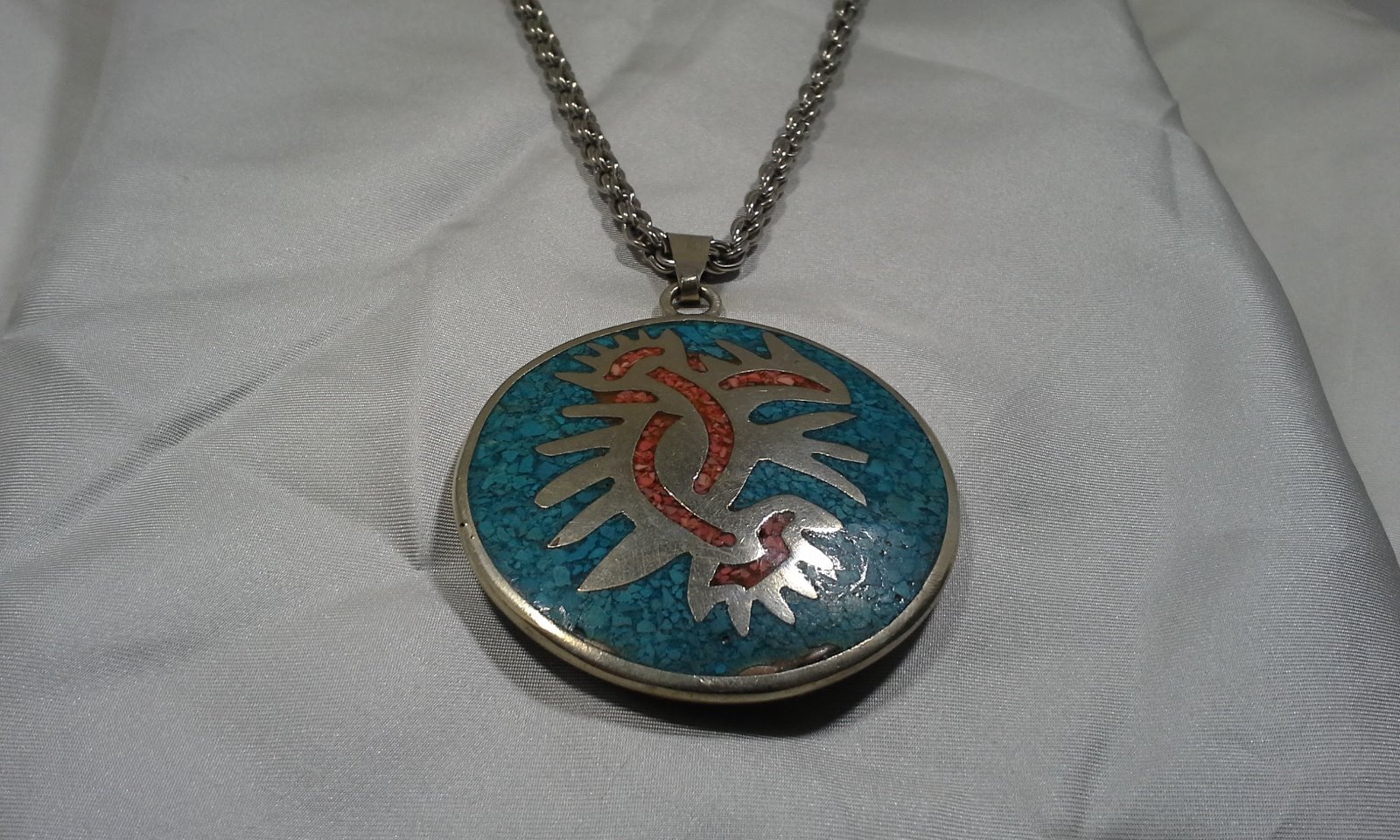Turquoise and Mixed Metals Double Sided Pendant on A 30in. Sterling Silver Rope