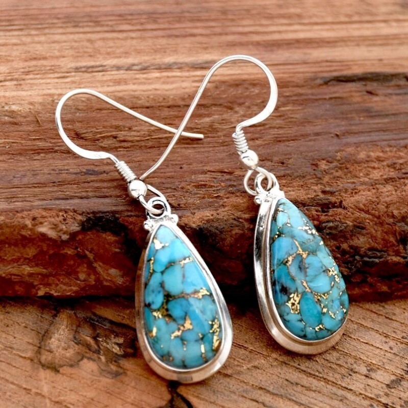 925 Sterling Silver Pear Shape Blue Copper Turquoise Gemstone Women Earrings