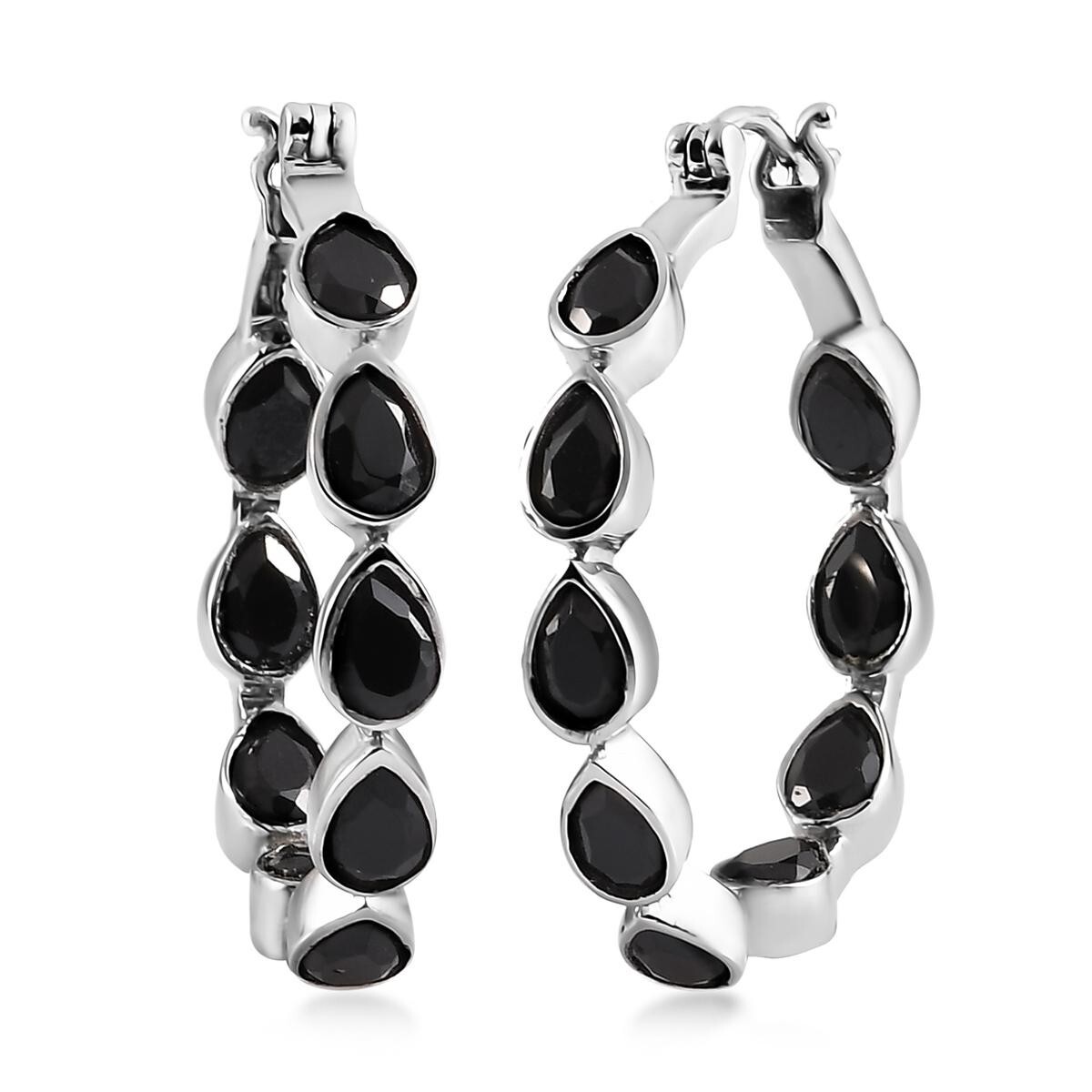 Natural Thai Black Spinel Inside Out Hoop Earrings in 316L Stainless Steel NEW