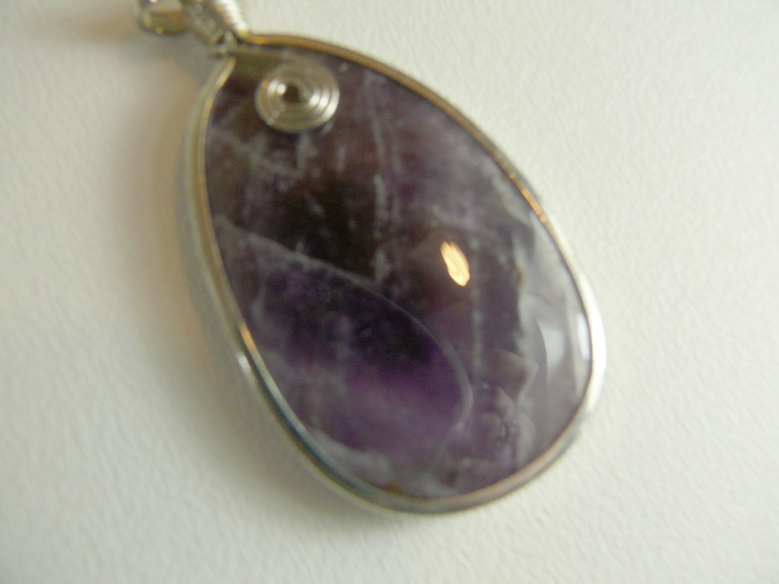 Large Teardrop Amethyst with wire wrap design chevron purple pendant silver 3″