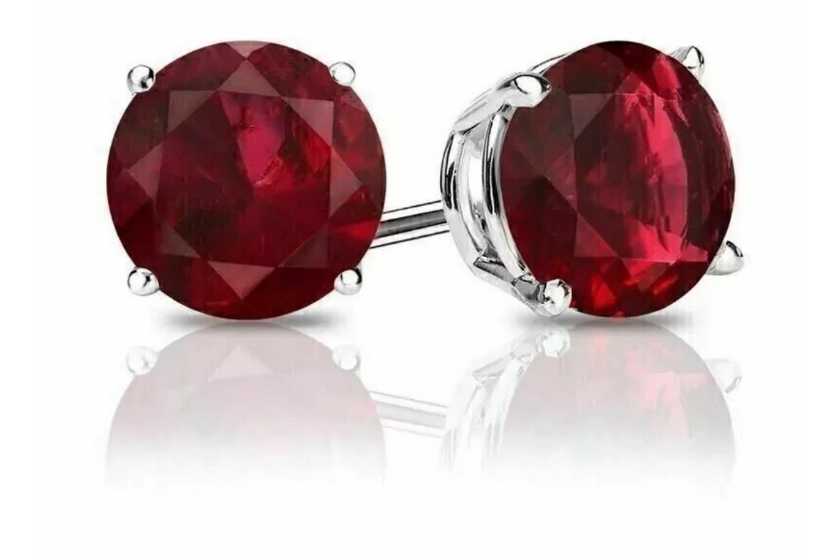 2 CT LAB CREATED RED RUBY STUD EARRINGS 14K WHITE GOLD ROUND CUT 7MM PUSH BACK