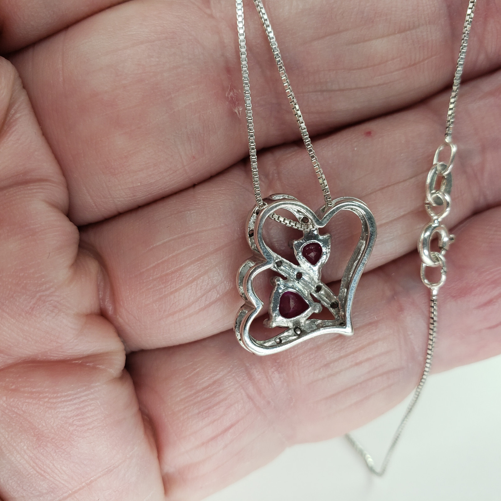 Sterling Silver Red Ruby & Diamond Pendant & 18-in Box Chain 3.2g [7064]