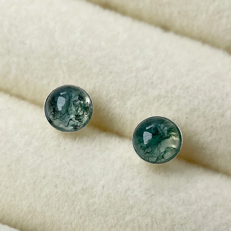 Natural Moss Agate Gemstone 6mm Stud Earrings 925 Sterling Silver Gift