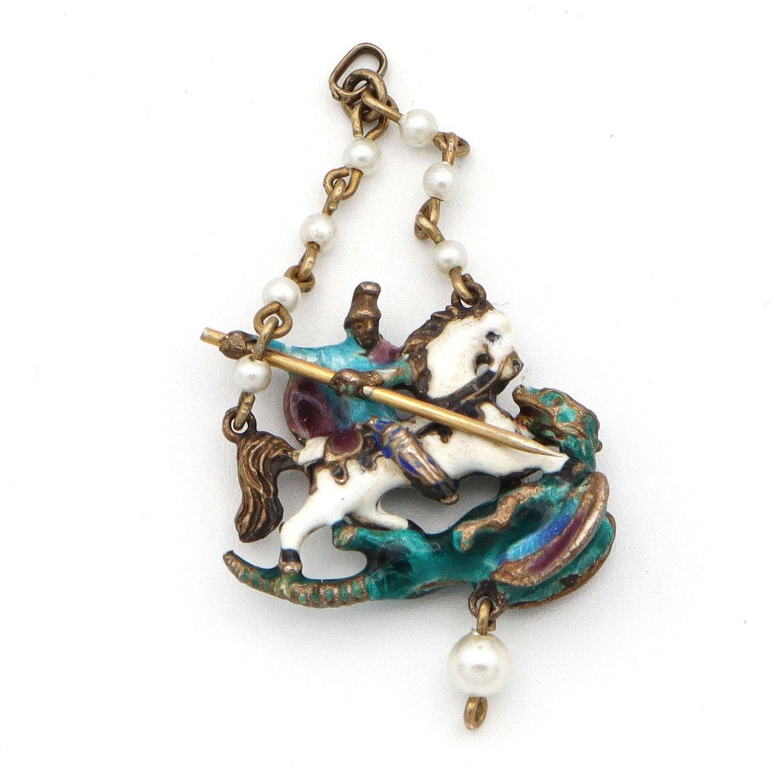 Antique Austro Hungarian Saint George and the Dragon Pearl Enamel Pendant