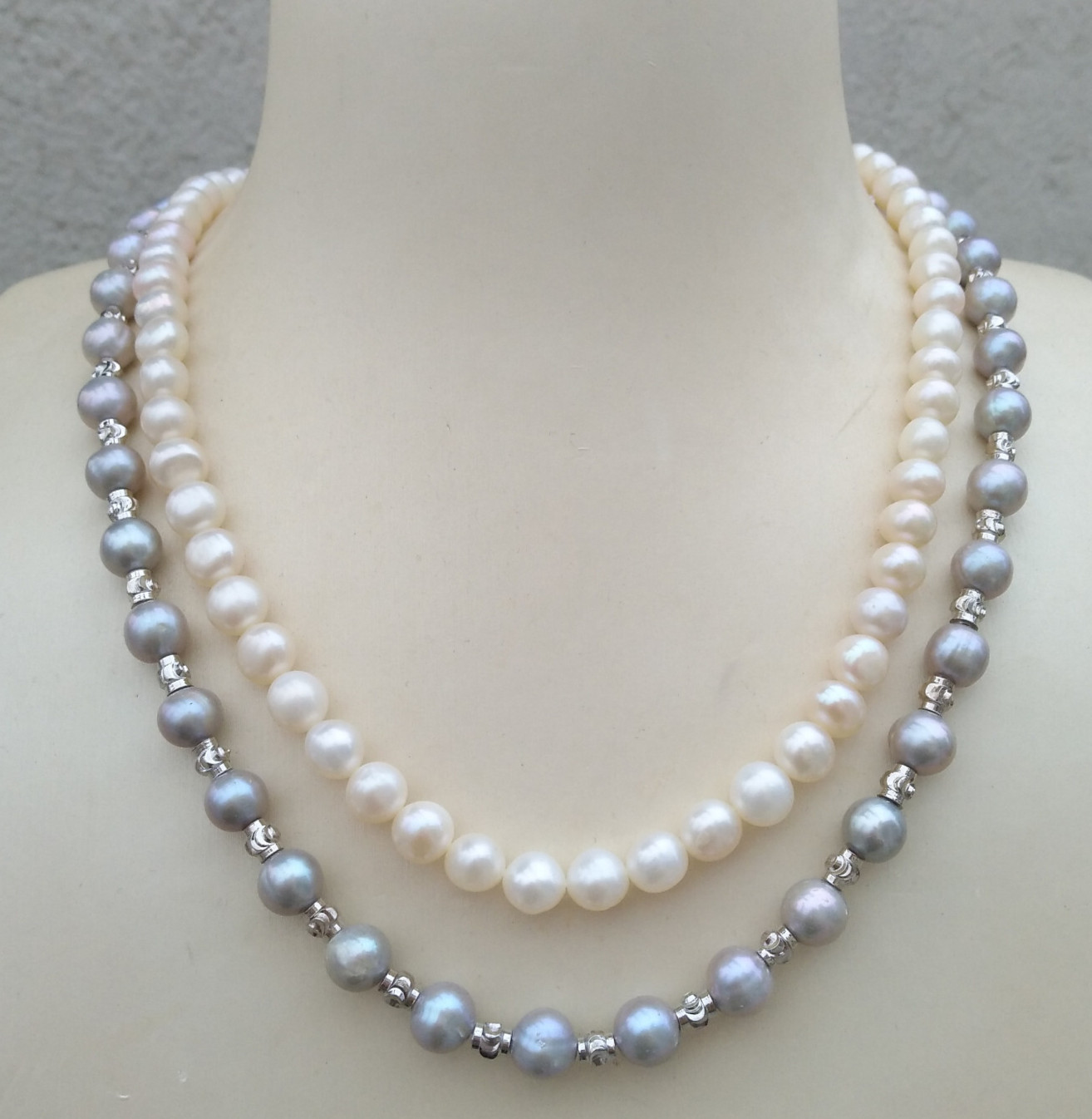 2 Rows Natural South Sea AAA White Gray Pearl Necklace 17in 18in 14k Gold P
