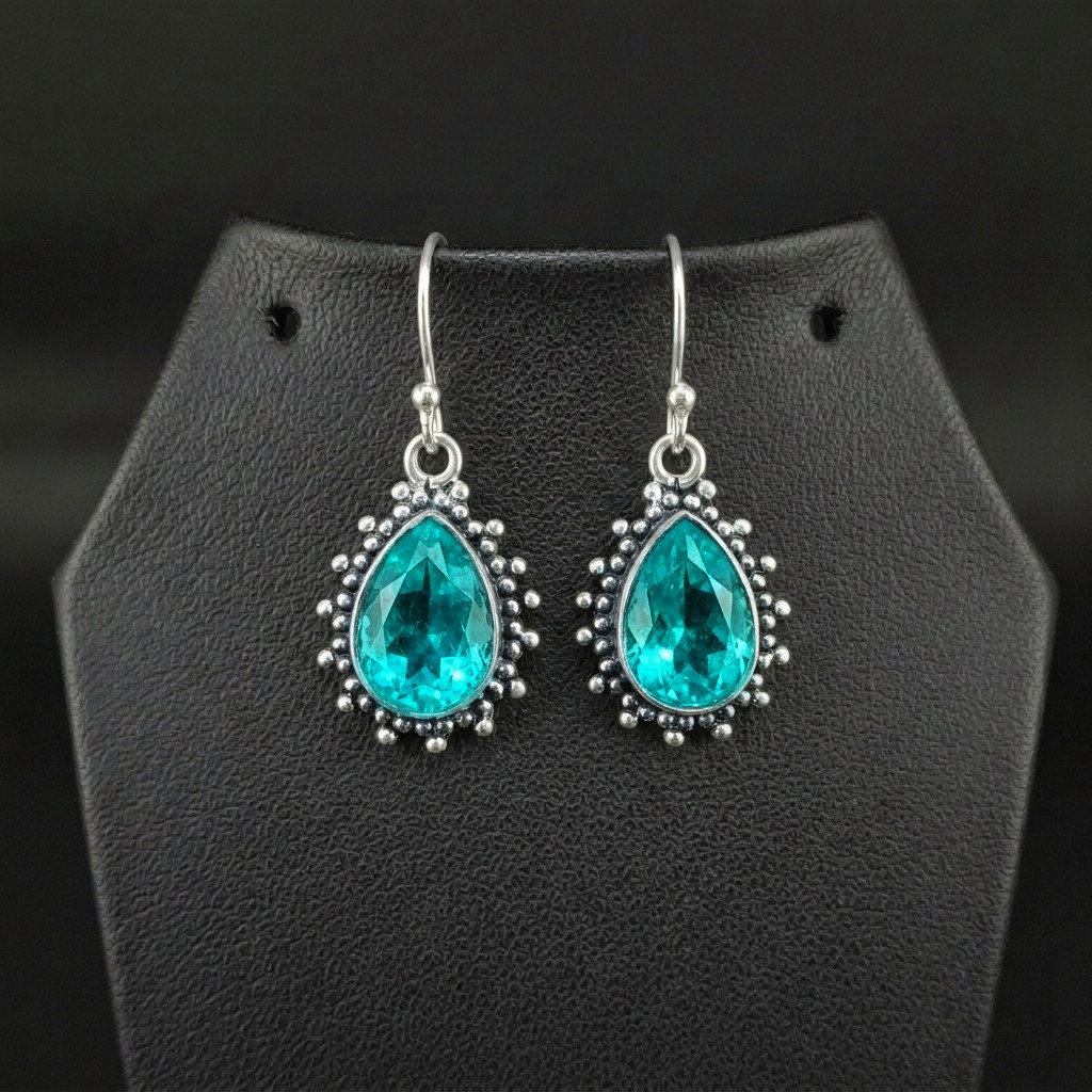 Paraiba Tourmaline Gemstone 925 sterling silver Handmade Dangle Earrings 1.50″
