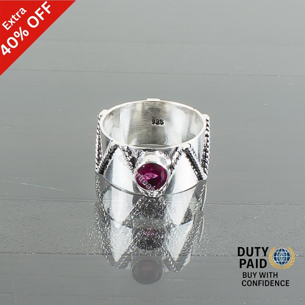 925 Sterling Silver Round Pink Rubellite Gemstone Handcrafted Band Ring Jewelry