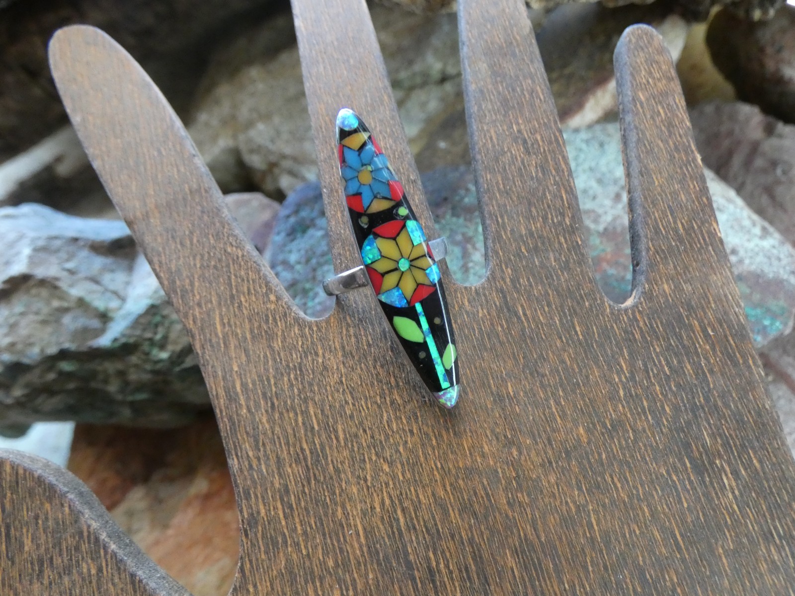 Flower Multi Gemstone Fire Opal Aluminum Sterling Silver Alloy Size 10 Ring AS74