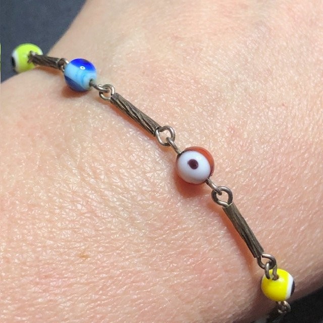 B4081 VTG Sterling Silver Evil Eye Bracelet Multi-Color Glass Protection 8.5″