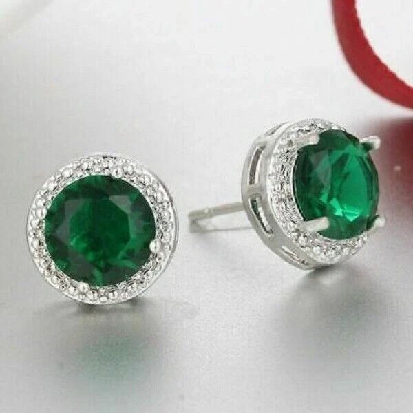 4Ct Round Cut Lab Created Green Emerald Stud Earrings 14K White Gold Finish