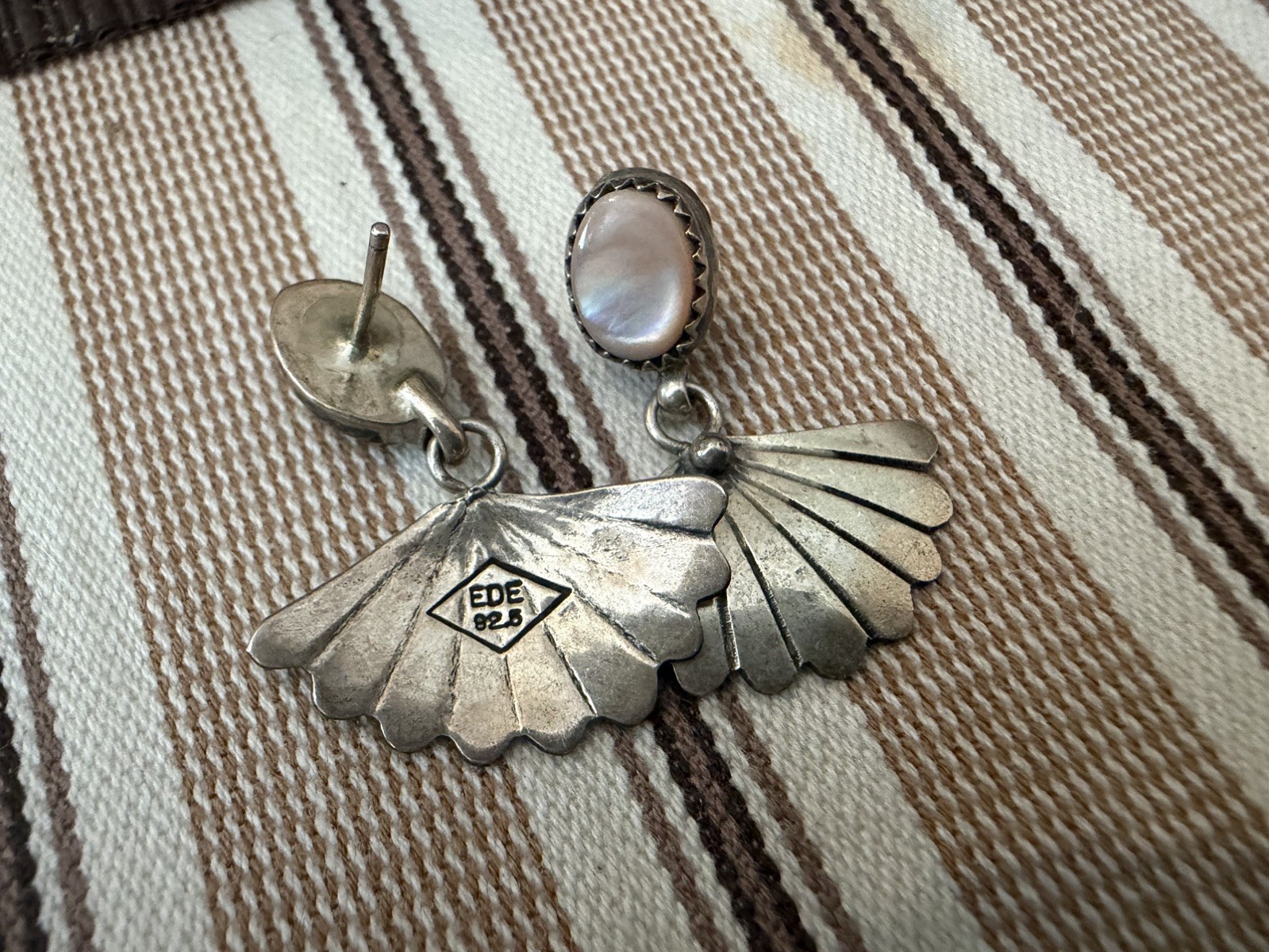 EDE Signed Sterling Silver Mother of Pearl Butterfly Fan Earrings