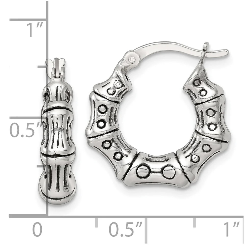 Sterling Silver Antiqued Textured Bamboo Round Hoop Earrings