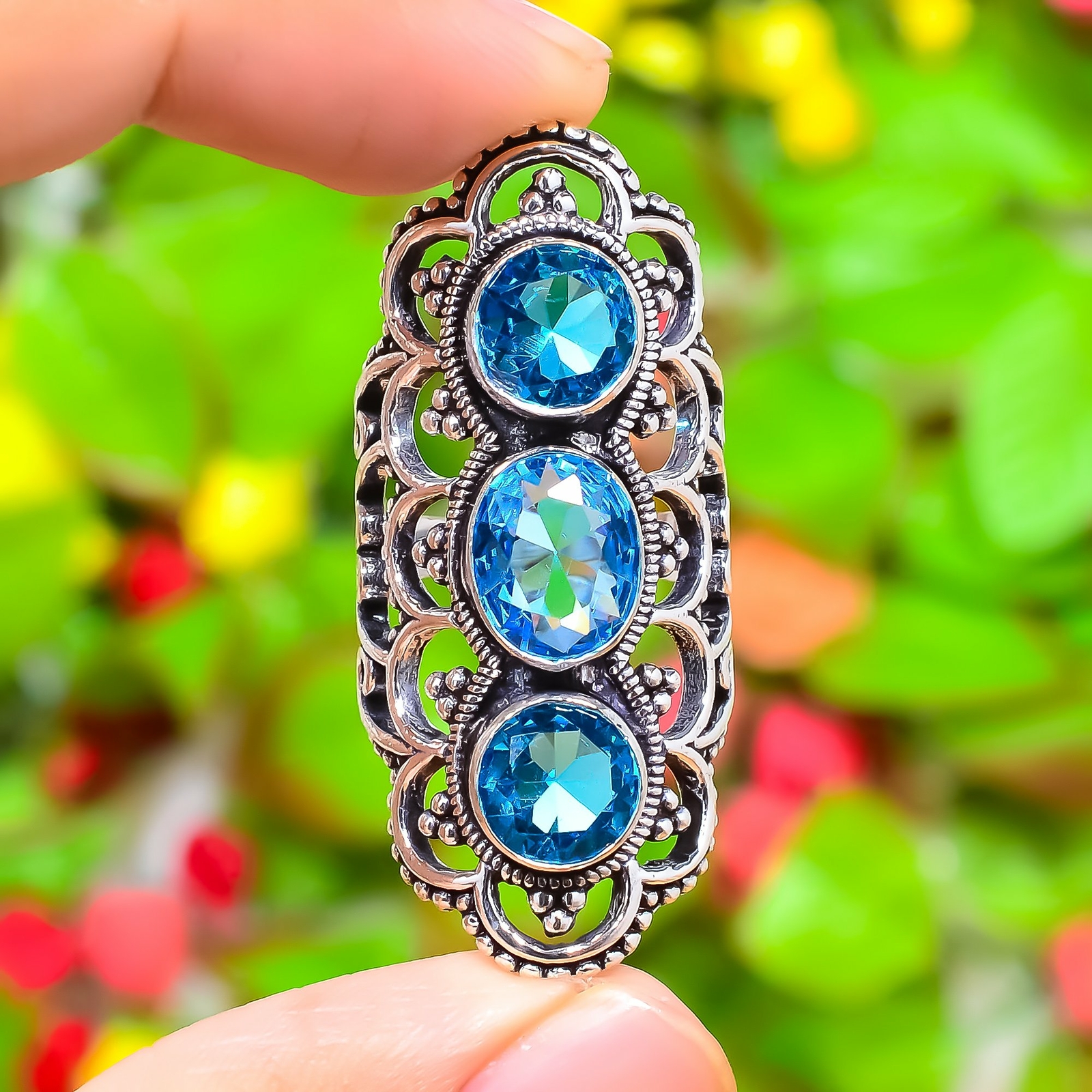 Blue Topaz, Garnet Gemstone Handmade 925 Sterling Silver Ring Variation