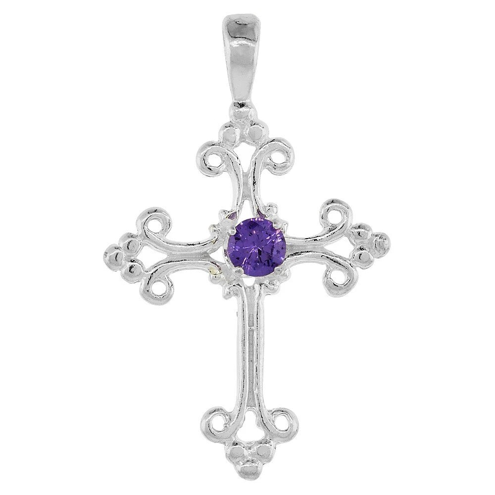 925 Sterling Silver CZ Fleury Cross Pendant Various Colors 1 Inch (25mm) Tall
