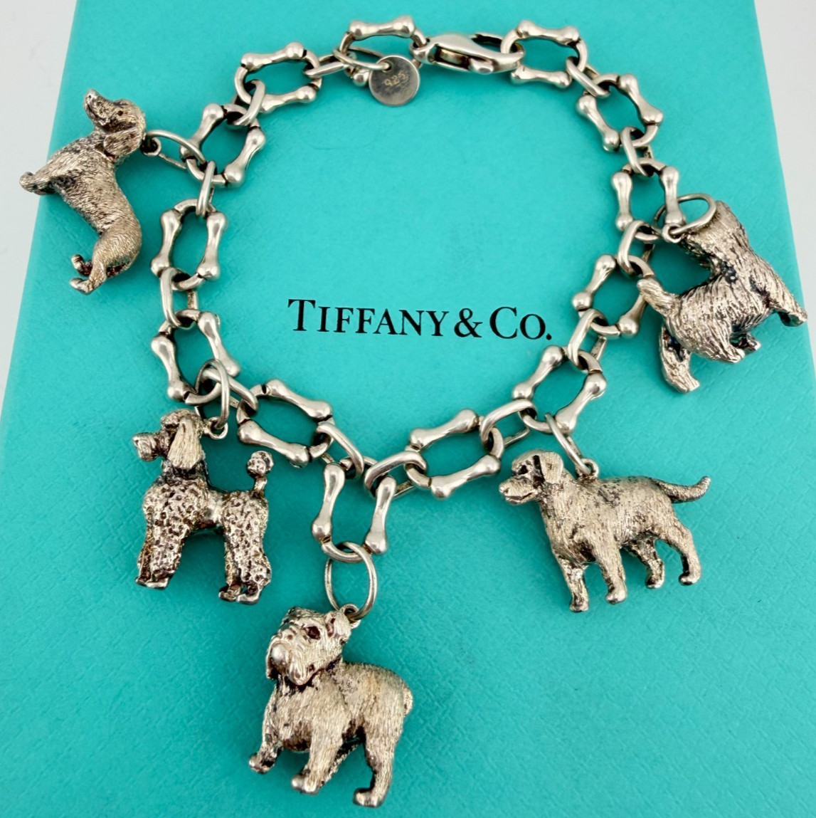 Vintage Tiffany & Co. 5 Dogs Charm Bracelet Sterling Silver Bone Links 7.5in 51g