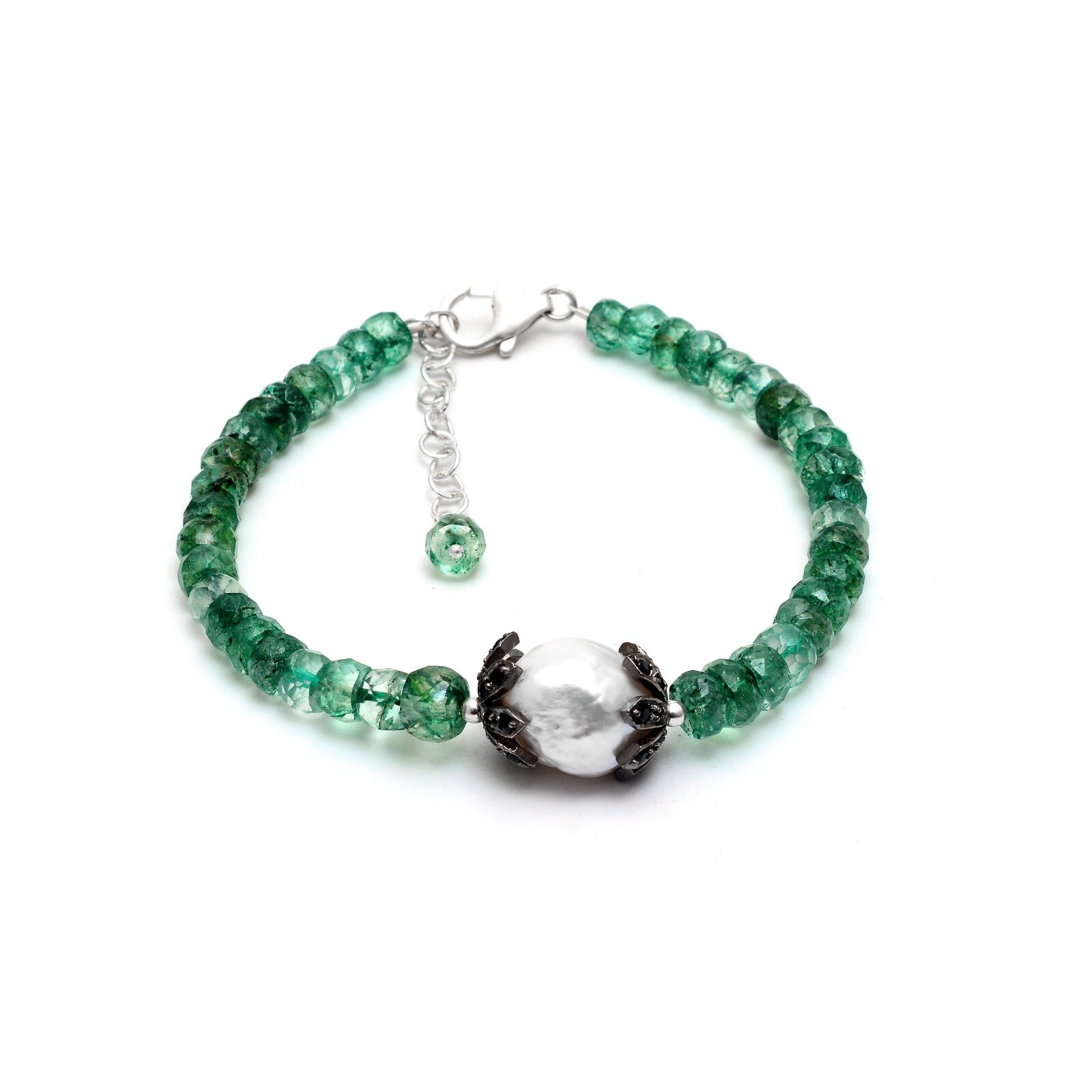 Emerald Bracelet,Emerald Quartz Beaded Bracelet,Pearl Bracelet,Black Spinel
