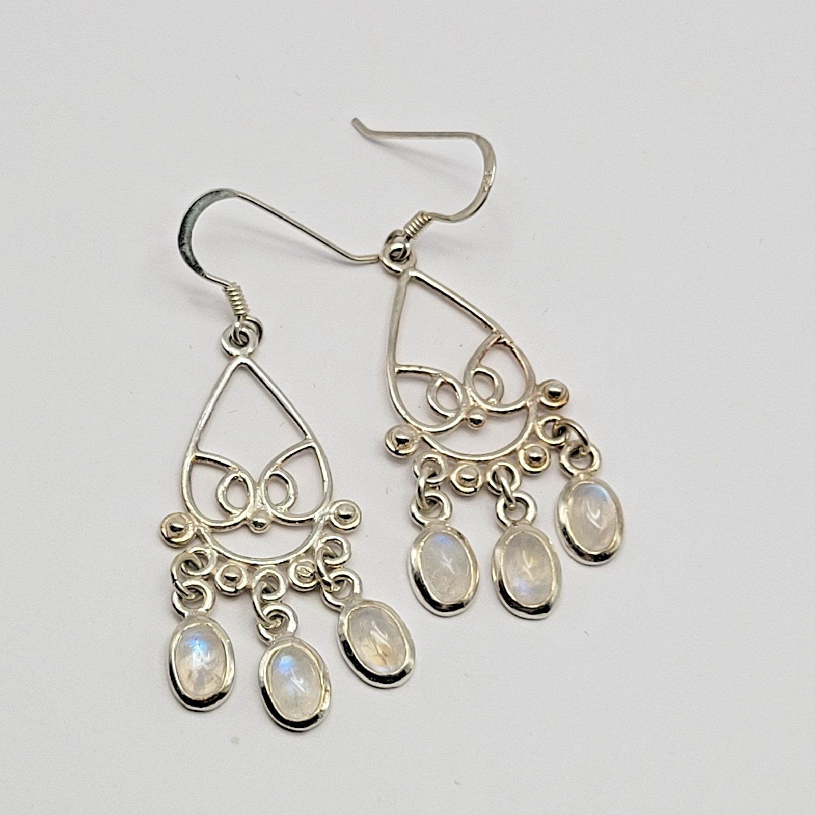 Sterling Silver Rainbow Moonstone Pendant Chandelier Earrings ~ 1 7/8″