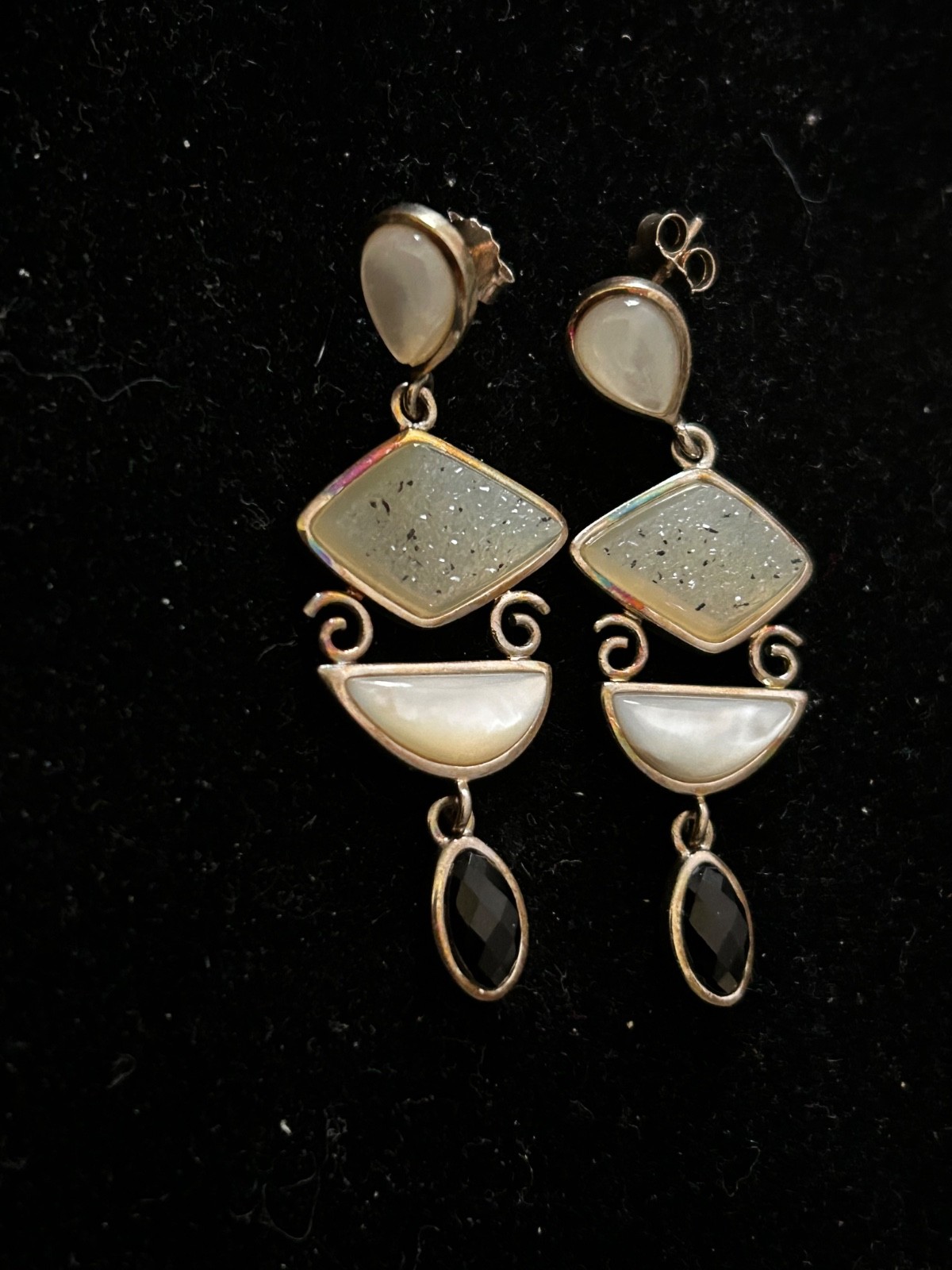 SS 925 Multi-gemstone/Shape Dangle Druzy earrings Bezel set gemstones